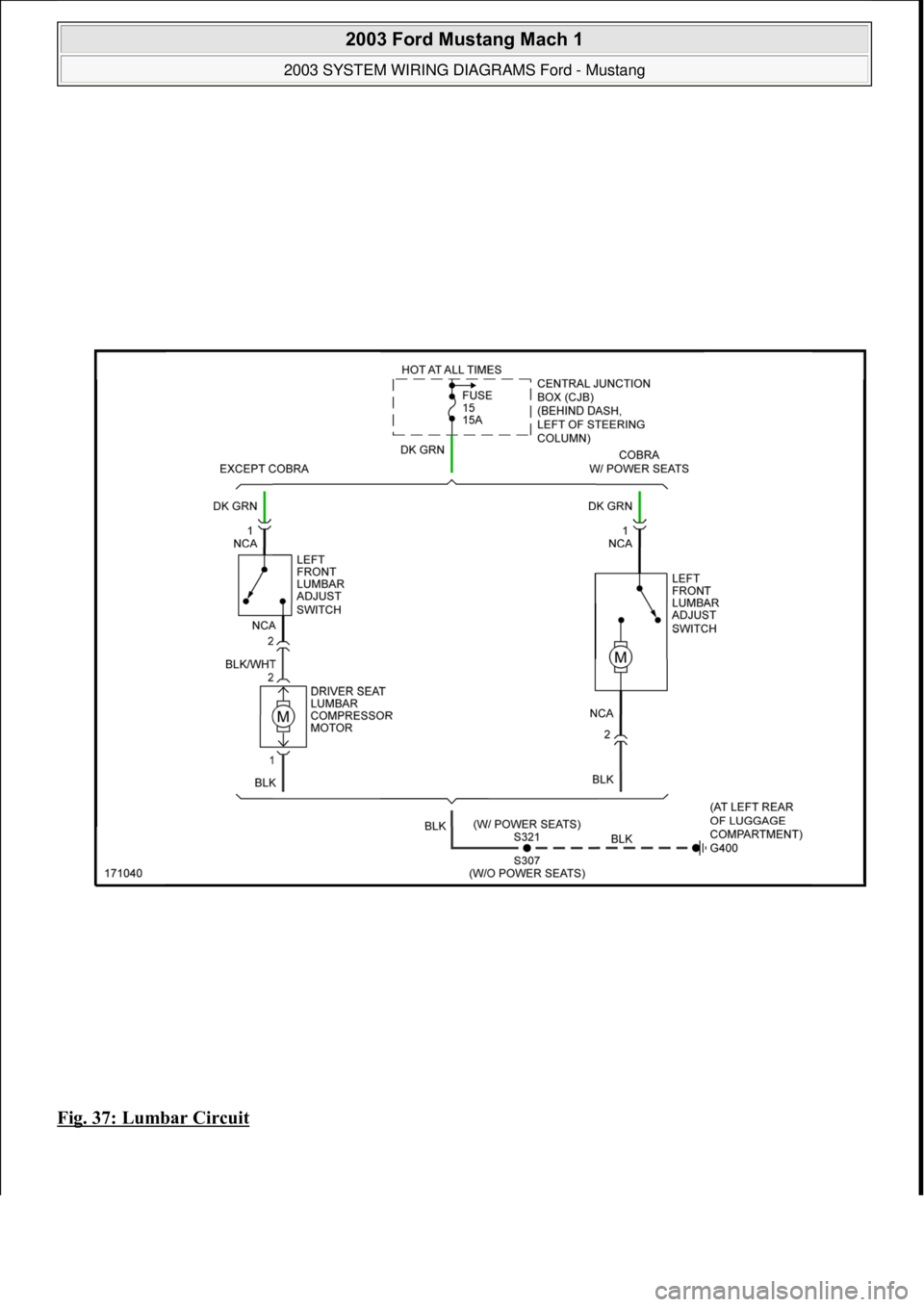 FORD MUSTANG 2003  Workshop Manual Fig. 37: Lumbar Circuit 
 
2003 Ford Mustang Mach 1 
2003 SYSTEM WIRING DIAGRAMS Ford - Mustang  
111  
18 ноября  2011 г. 12:54:33Page 38 © 2006 Mitchell Repair Information Company, LLC.  
