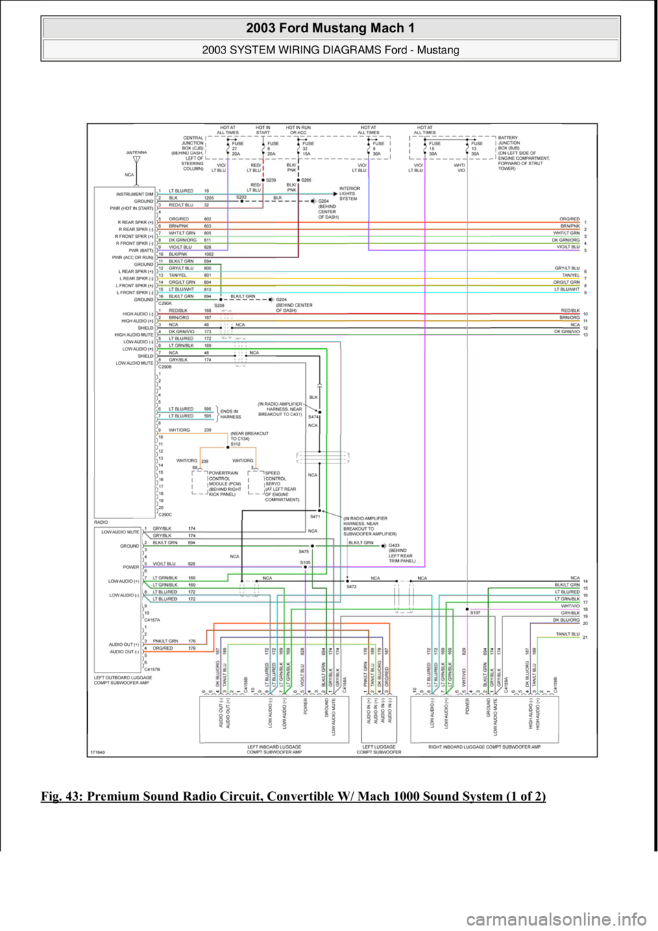 FORD MUSTANG 2003  Workshop Manual Fig. 43: Premium Sound Radio Circuit, Convertible W/ Mach 1000 Sound System (1 of 2)
 
2003 Ford Mustang Mach 1 
2003 SYSTEM WIRING DIAGRAMS Ford - Mustang  
111  
18 ноября  2011 г. 12:54:33Pa