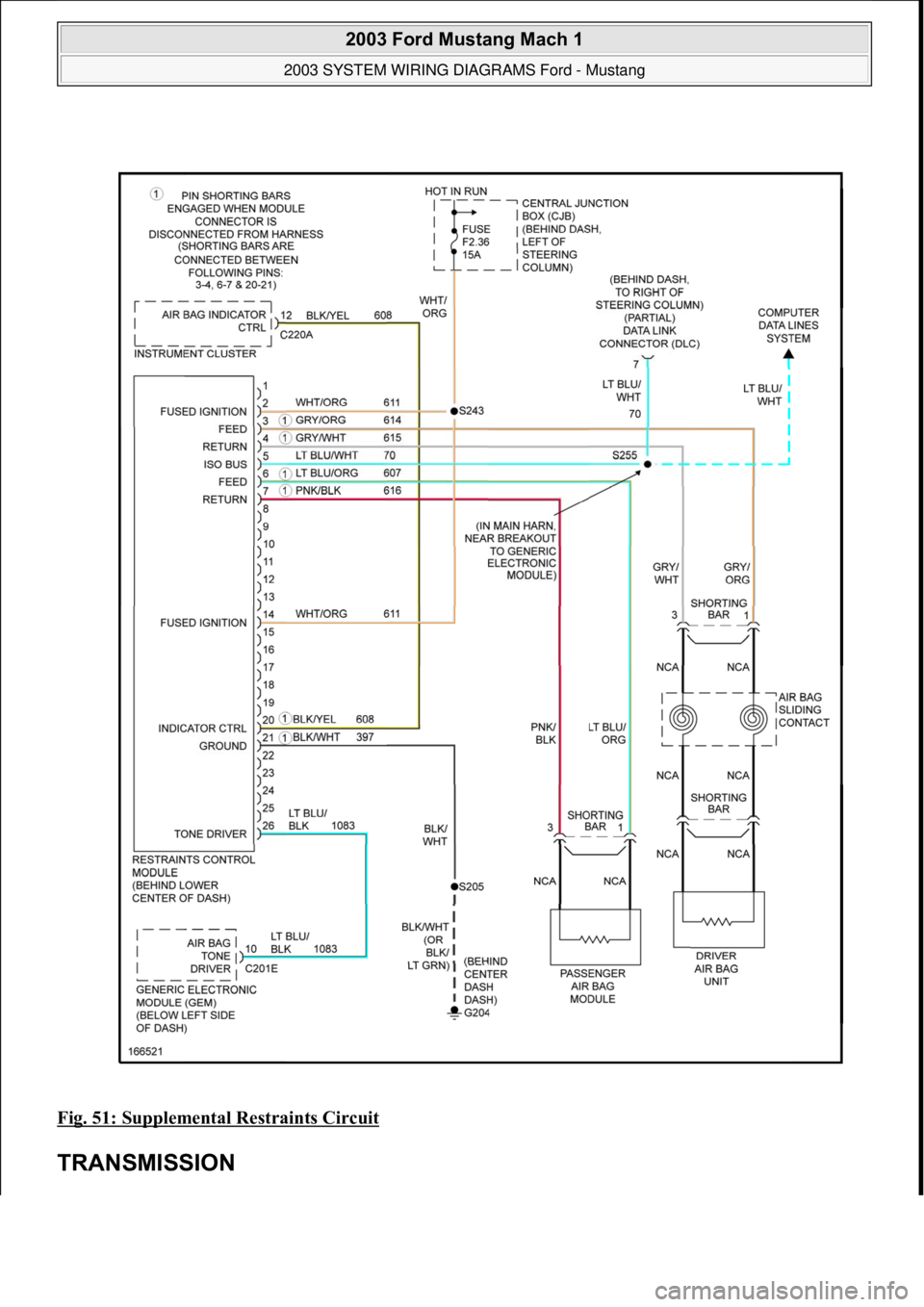 FORD MUSTANG 2003  Workshop Manual Fig. 51: Supplemental Restraints Circuit 
TRANSMISSION 
 
2003 Ford Mustang Mach 1 
2003 SYSTEM WIRING DIAGRAMS Ford - Mustang  
111  
18 ноября  2011 г. 12:54:33Page 52 © 2006 Mitchell Repair