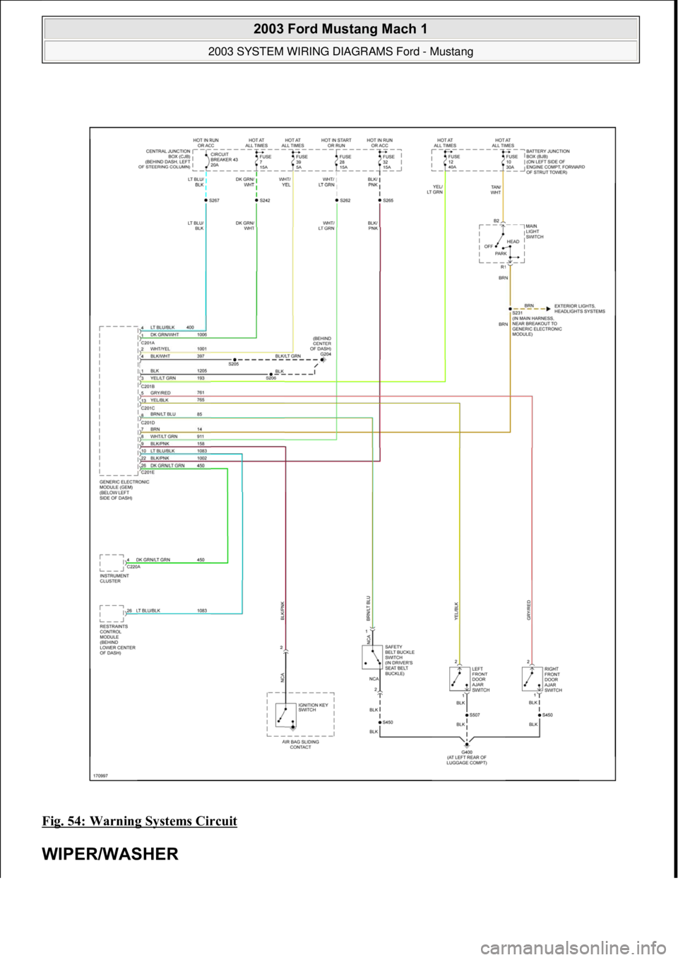 FORD MUSTANG 2003 Workshop Manual Fig. 54: Warning Systems Circuit
WIPER/WASHER
2003 Ford Mustang Mach 1
2003 SYSTEM WIRING DIAGRAMS Ford - Mustang
111
18 ноября 2011 г. 12:54:33Page 55 © 2006 Mitchell Repair Informa FORD MUSTANG 2003 Workshop Manual Fig. 54: Warning Systems Circuit
WIPER/WASHER
2003 Ford Mustang Mach 1
2003 SYSTEM WIRING DIAGRAMS Ford - Mustang
111
18 ноября 2011 г. 12:54:33Page 55 © 2006 Mitchell Repair Informa