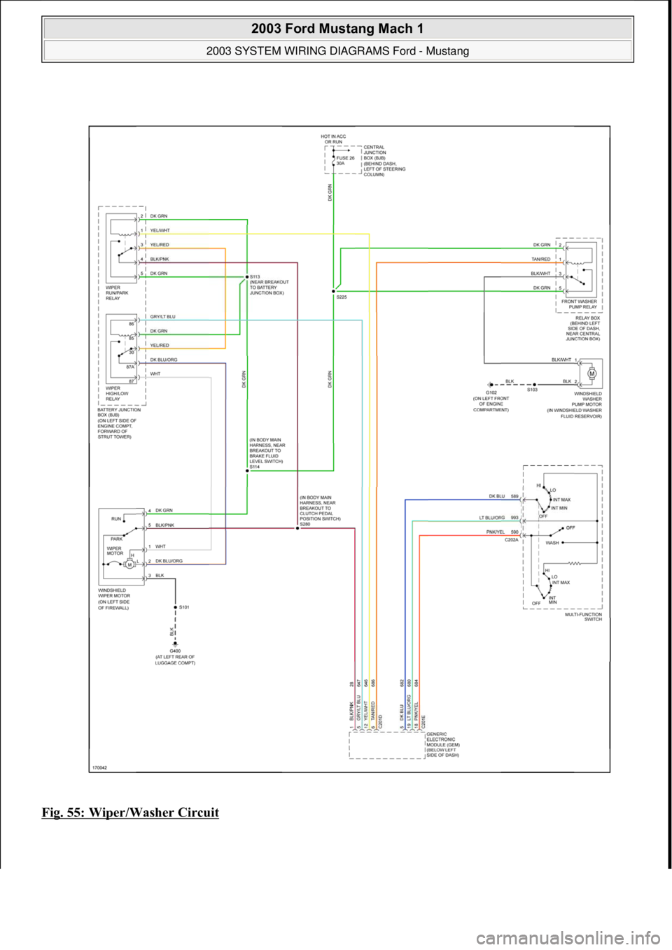 FORD MUSTANG 2003  Workshop Manual Fig. 55: Wiper/Washer Circuit 
 
2003 Ford Mustang Mach 1 
2003 SYSTEM WIRING DIAGRAMS Ford - Mustang  
111  
18 ноября  2011 г. 12:54:33Page 56 © 2006 Mitchell Repair Information Company, LLC