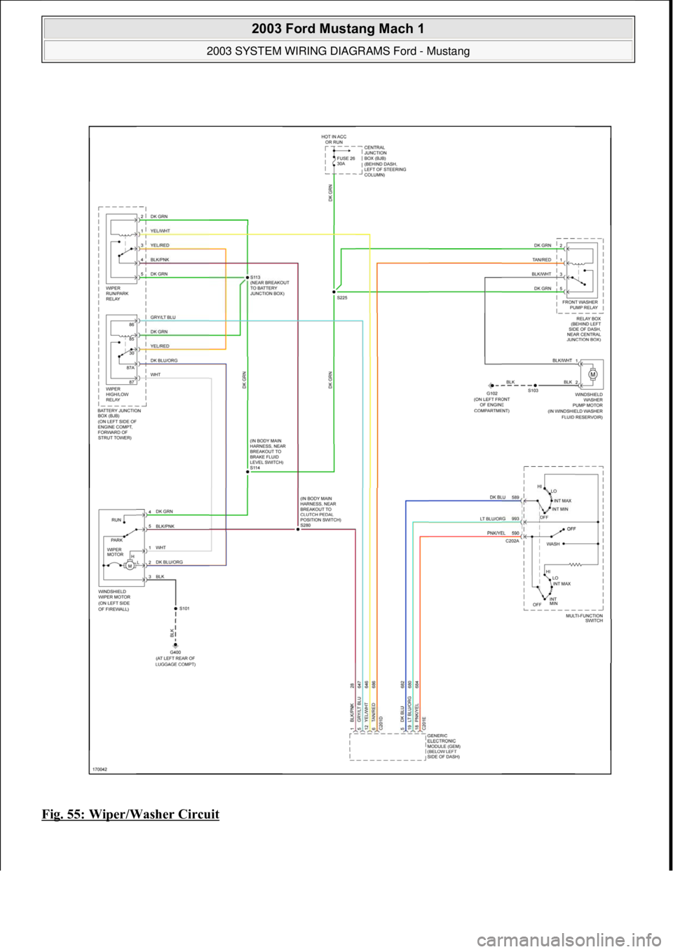 FORD MUSTANG 2003 Workshop Manual Fig. 55: Wiper/Washer Circuit
2003 Ford Mustang Mach 1
2003 SYSTEM WIRING DIAGRAMS Ford - Mustang
111
18 ноября 2011 г. 12:54:33Page 56 © 2006 Mitchell Repair Information Company, LLC FORD MUSTANG 2003 Workshop Manual Fig. 55: Wiper/Washer Circuit
2003 Ford Mustang Mach 1
2003 SYSTEM WIRING DIAGRAMS Ford - Mustang
111
18 ноября 2011 г. 12:54:33Page 56 © 2006 Mitchell Repair Information Company, LLC