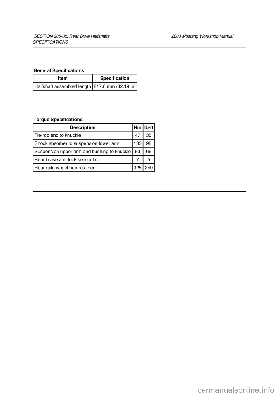 FORD MUSTANG 2003 Repair Manual SPECIFICATIONS 
SECTION 205-
05: Rear Drive Halfshafts  2003 Mustang Workshop Manual General Specifications 
Item  Specification 
Halfshaft assembled length  817.6 mm (32.19 in) 
Torque Specifications