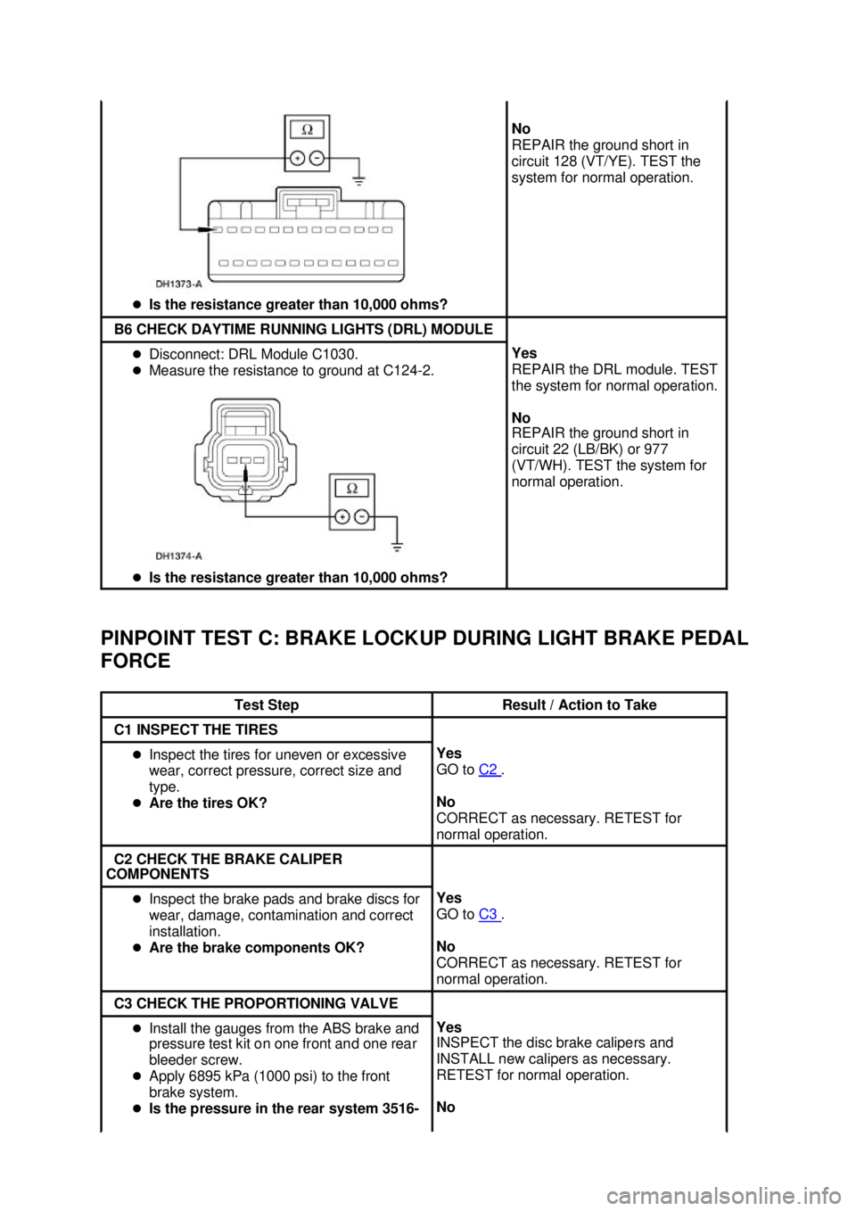 FORD MUSTANG 2003  Workshop Manual PINPOINT TEST C: BRAKE LOCKUP DURING LIGHT BRAKE PEDAL 
FORCE  �z
Is the resistance greater than 10,000 ohms?  No 
REPAIR the ground short in 
circuit 128 (VT/YE). TEST the 
system for normal operatio