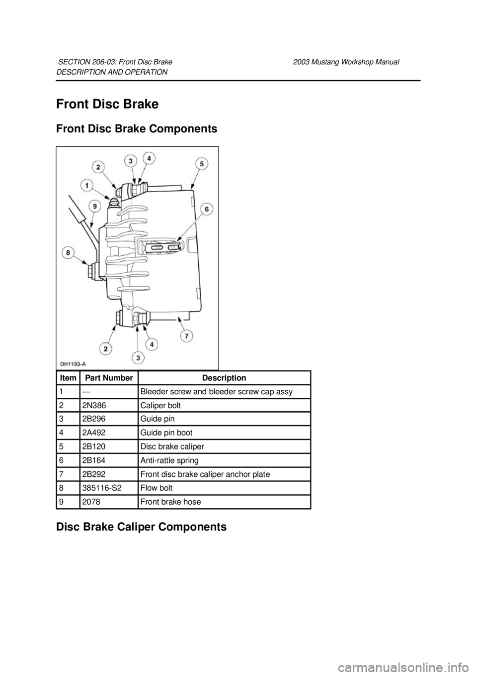 FORD MUSTANG 2003 User Guide DESCRIPTION AND OPERATION 
Front Disc Brake 
Front Disc Brake Components 
Disc Brake Caliper Components  SECTION 206-
03: Front Disc Brake  2003 Mustang Workshop Manual Item  Part Number  Description 
