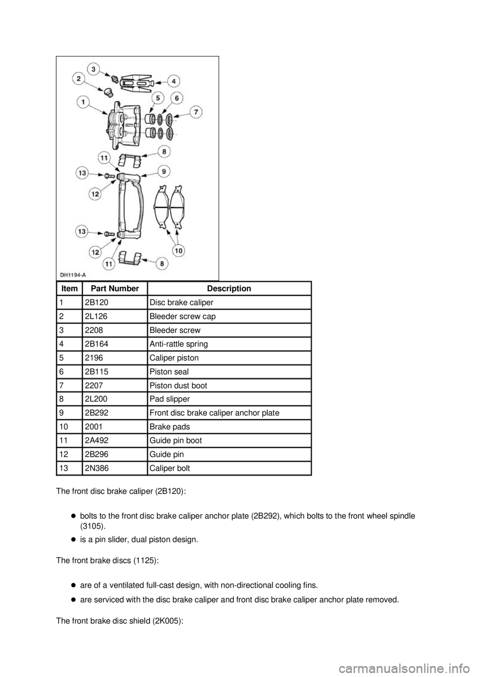 FORD MUSTANG 2003 User Guide The front disc brake caliper (2B120): 
�zbolts to the front disc brake caliper anchor plate (2B292), which bolts to the front wheel spindle 
(3105). 
�z is a pin slider, dual piston design. 
The front
