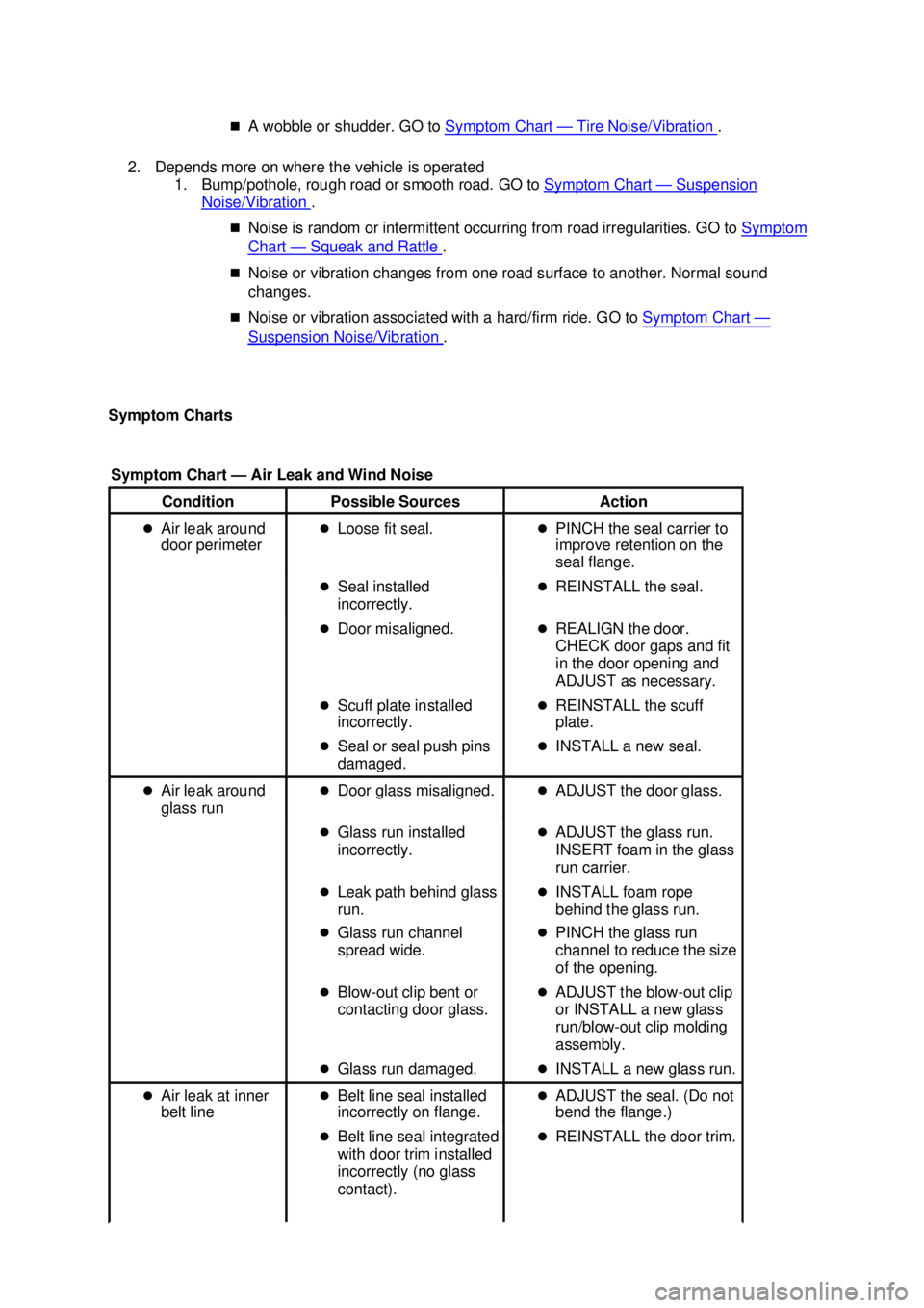 FORD MUSTANG 2003  Workshop Manual �„
A wobble or shudder. GO to  Symptom Chart  — Tire Noise/Vibration  . 
2. Depends more on where the vehicle is operated  1. Bump/pothole, rough road or smooth road. GO to  Symptom Chart  — Sus