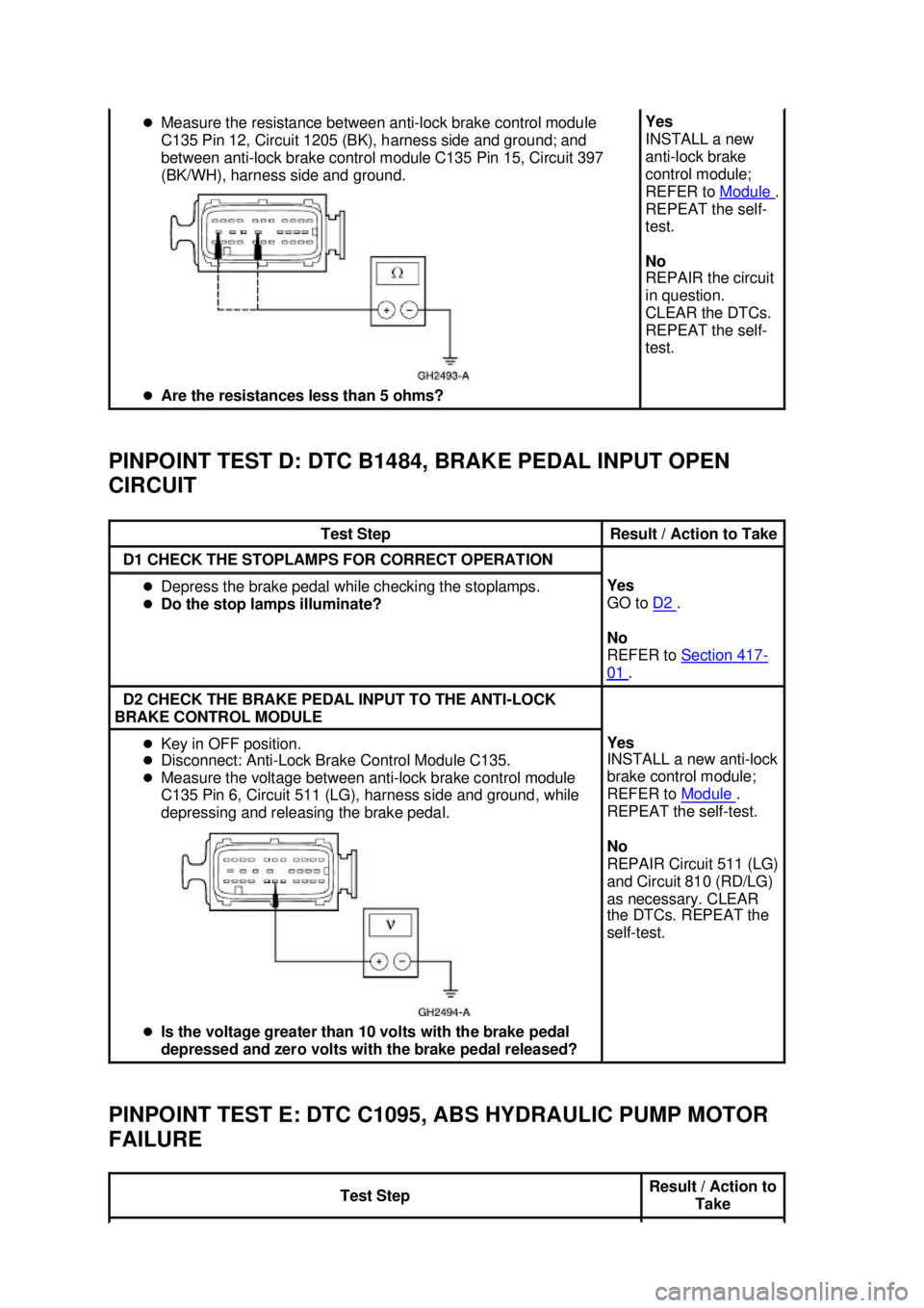 FORD MUSTANG 2003 User Guide PINPOINT TEST D: DTC B1484, BRAKE PEDAL INPUT OPEN 
CIRCUIT 
PINPOINT TEST E: DTC C1095, ABS HYDRAULIC PUMP MOTOR 
FAILURE  �z
Measure the resistance between anti- lock brake control module 
C135 Pin 