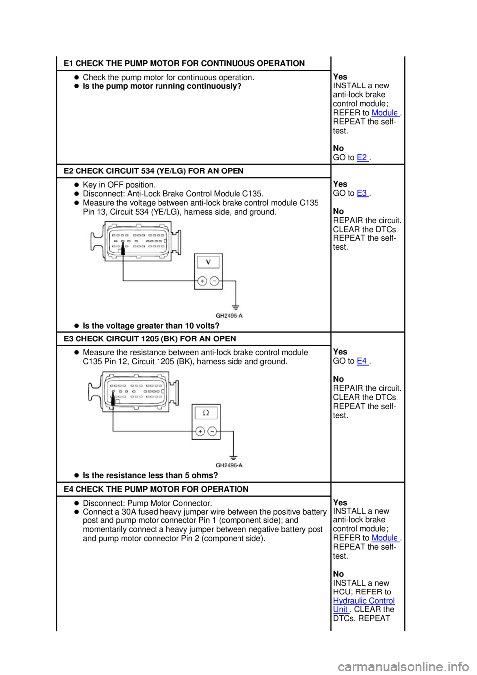 FORD MUSTANG 2003 User Guide E1 CHECK THE PUMP MOTOR FOR CONTINUOUS OPERATION 
�z
Check the pump motor for continuous operation. 
�z Is the pump motor running continuously?  Yes 
INSTALL a new 
anti-
lock brake 
control module; 
