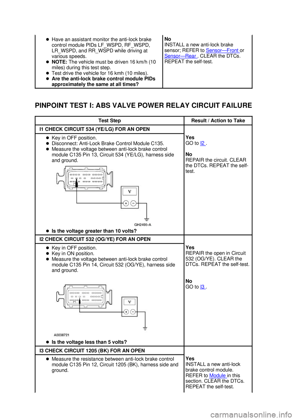 FORD MUSTANG 2003  Workshop Manual PINPOINT TEST I: ABS VALVE POWER RELAY CIRCUIT FAILURE  �z
Have an assistant monitor the anti- lock brake 
control module PIDs LF_WSPD, RF_WSPD, 
LR_WSPD, and RR_WSPD while driving at 
various speeds.