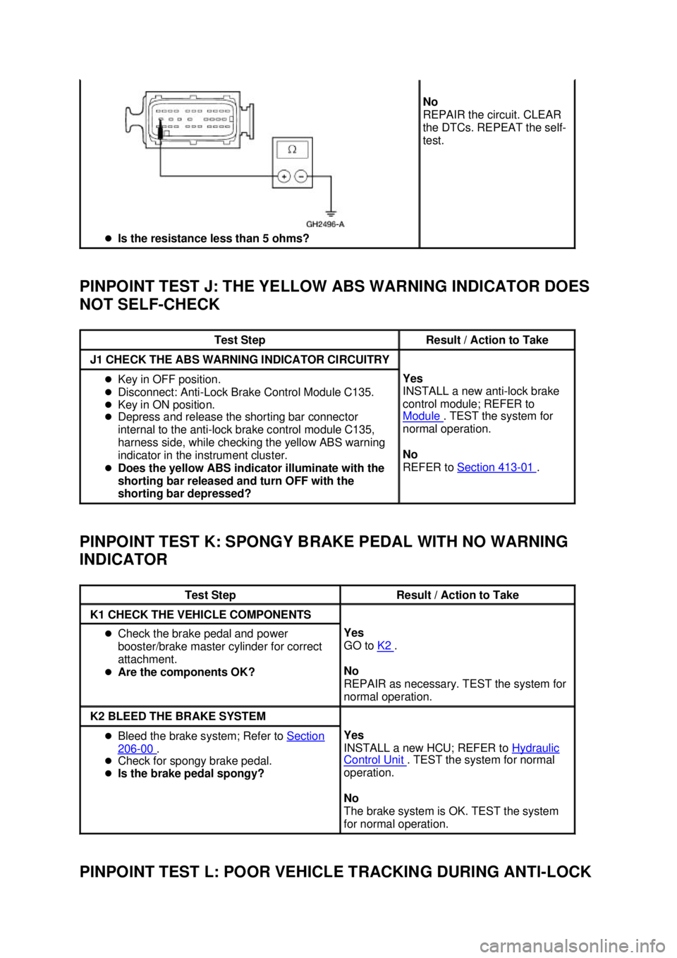 FORD MUSTANG 2003  Workshop Manual PINPOINT TEST J: THE YELLOW ABS WARNING INDICATOR DOES 
NOT SELF-
CHECK 
PINPOINT TEST K: SPONGY BRAKE PEDAL WITH NO WARNING 
INDICATOR  PINPOINT TEST L: POOR VEHICLE TRACKING DURING ANTI - LOCK �z
Is