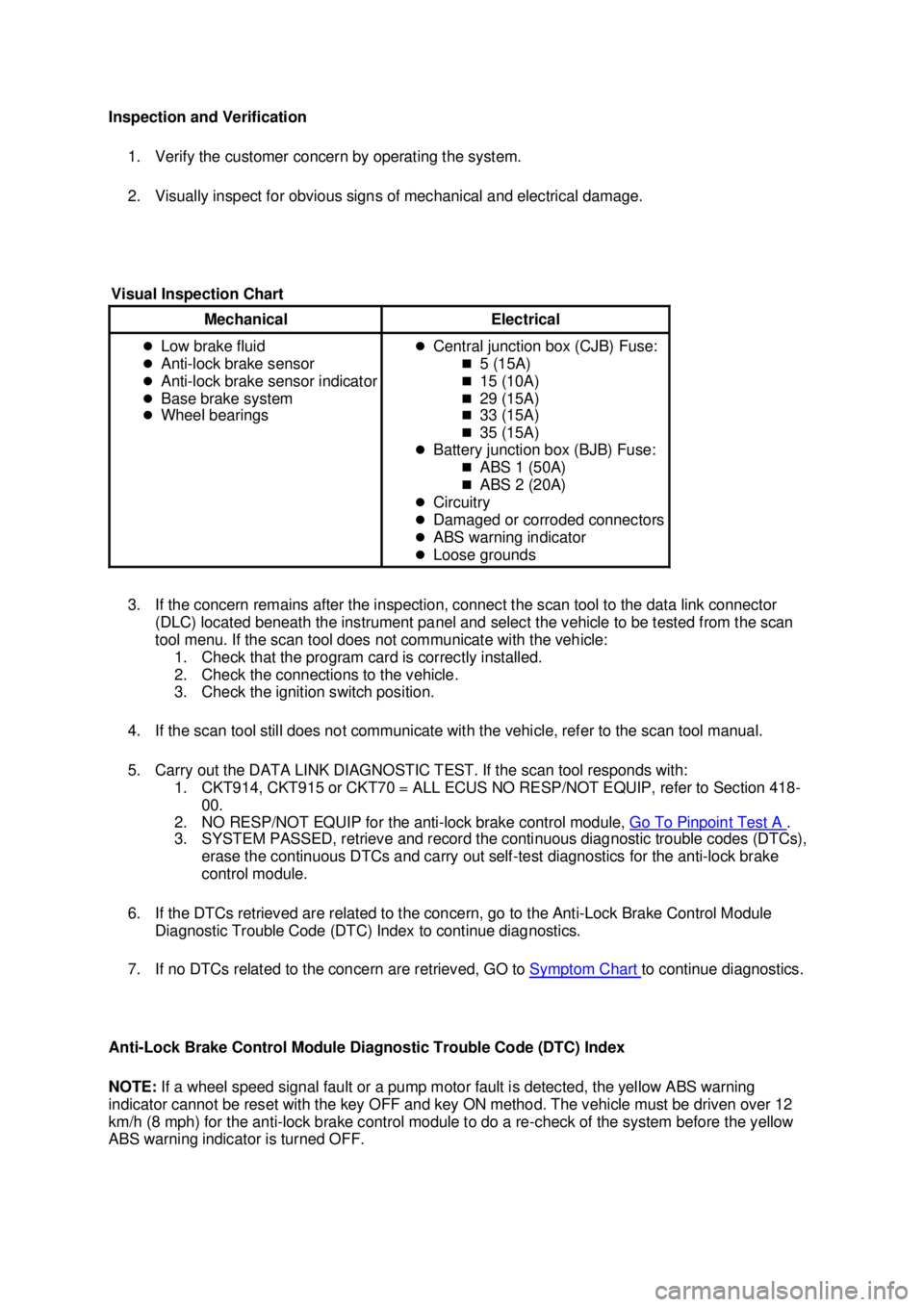 FORD MUSTANG 2003  Workshop Manual Inspection and Verification 
1. Verify the customer concern by operating the system. 
2. Visually inspect for obvious signs of mechanical and electrical damage. 
3. If the concern remains after the in