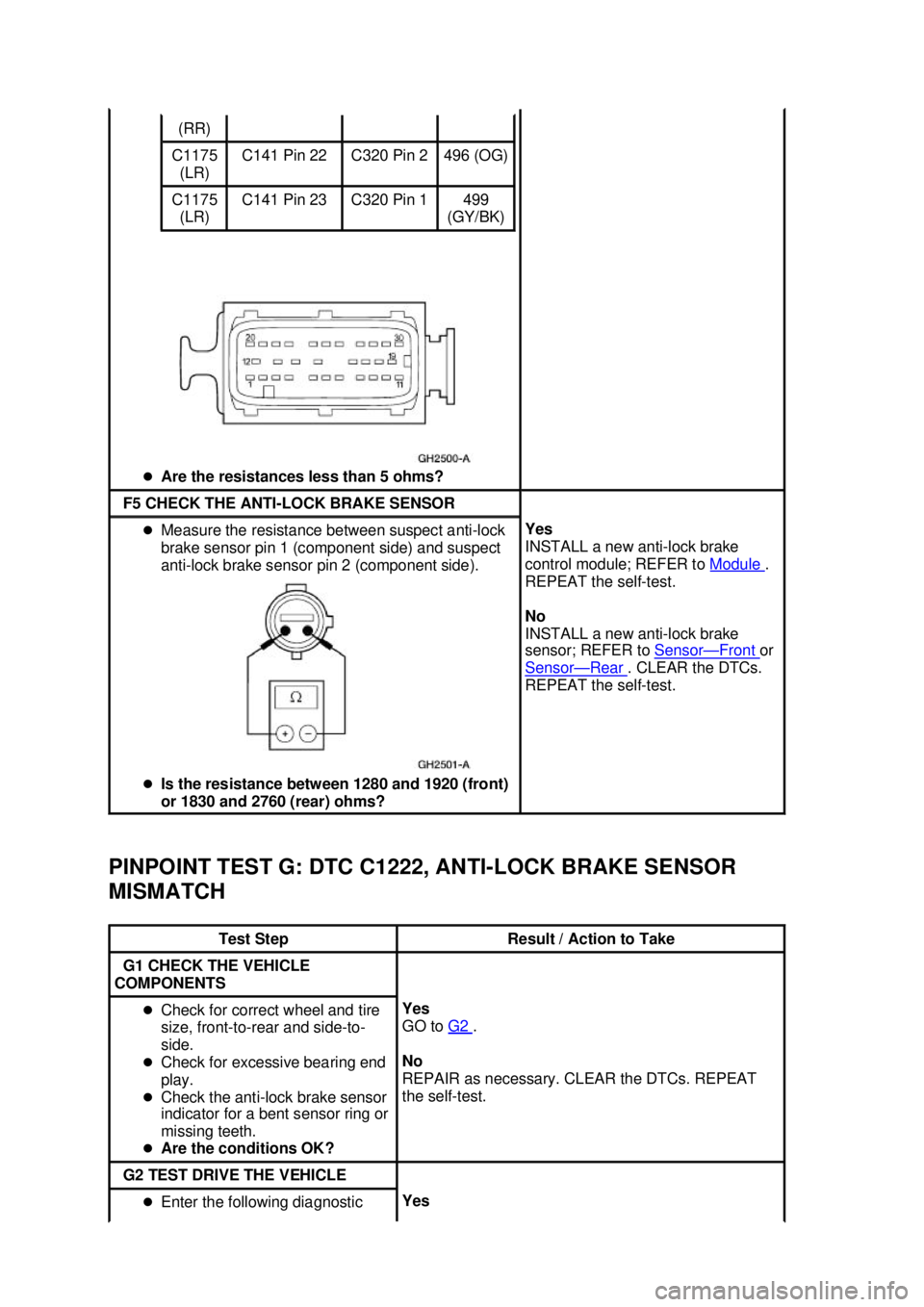 FORD MUSTANG 2003  Workshop Manual PINPOINT TEST G: DTC C1222, ANTI-
LOCK BRAKE SENSOR 
MISMATCH  �z
Are the resistances less than 5 ohms?  (RR) 
C1175 
(LR)  C141 Pin 22  C320 Pin 2  496 (OG) 
C1175 
(LR)  C141 Pin 23  C320 Pin 1  499