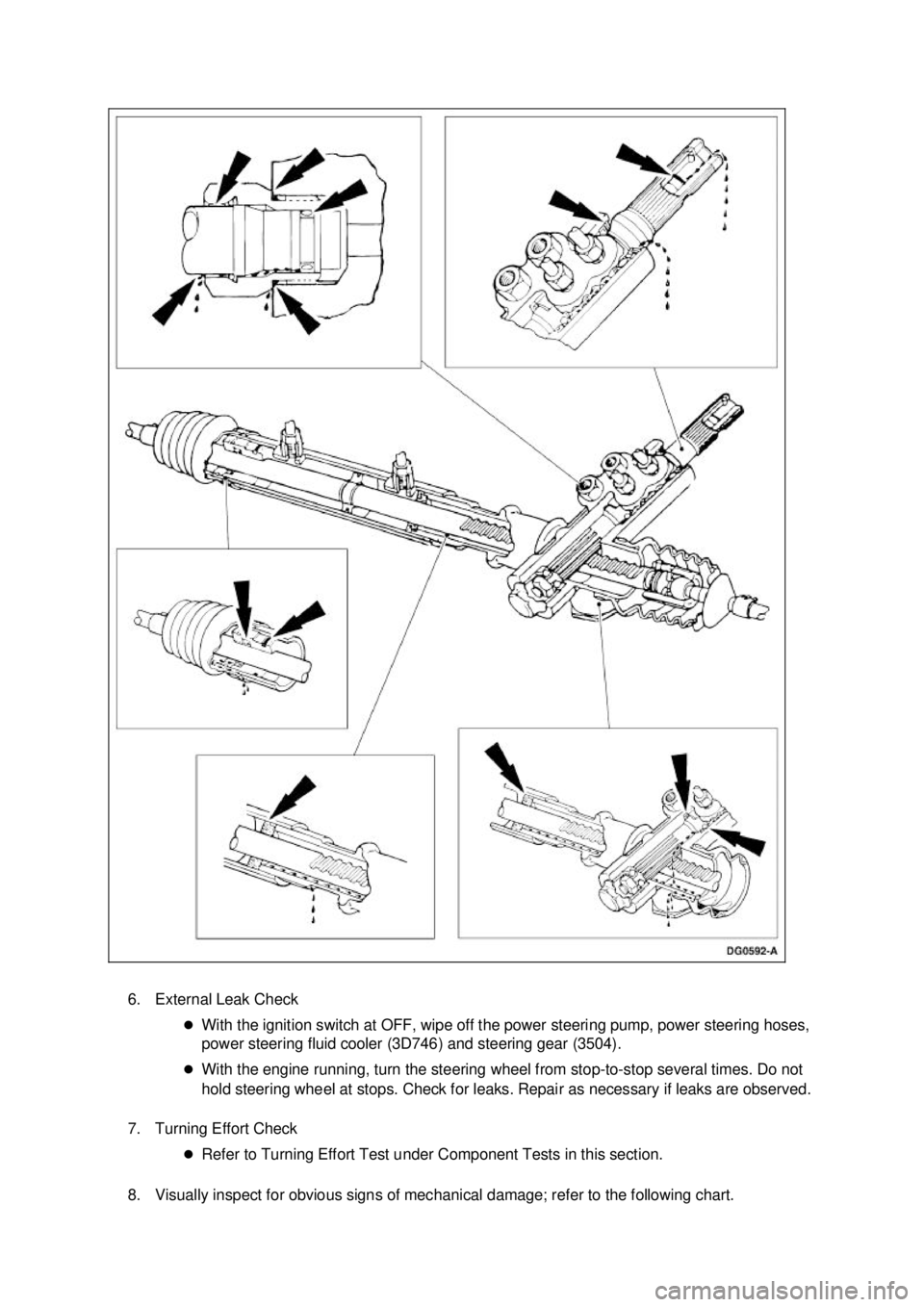 FORD MUSTANG 2003 Owners Manual 6. External Leak Check 
�zWith the ignition switch at OFF, wipe off the power steering pump, power steering hoses, 
power steering fluid cooler (3D746) and steering gear (3504). 
�z With the engine ru