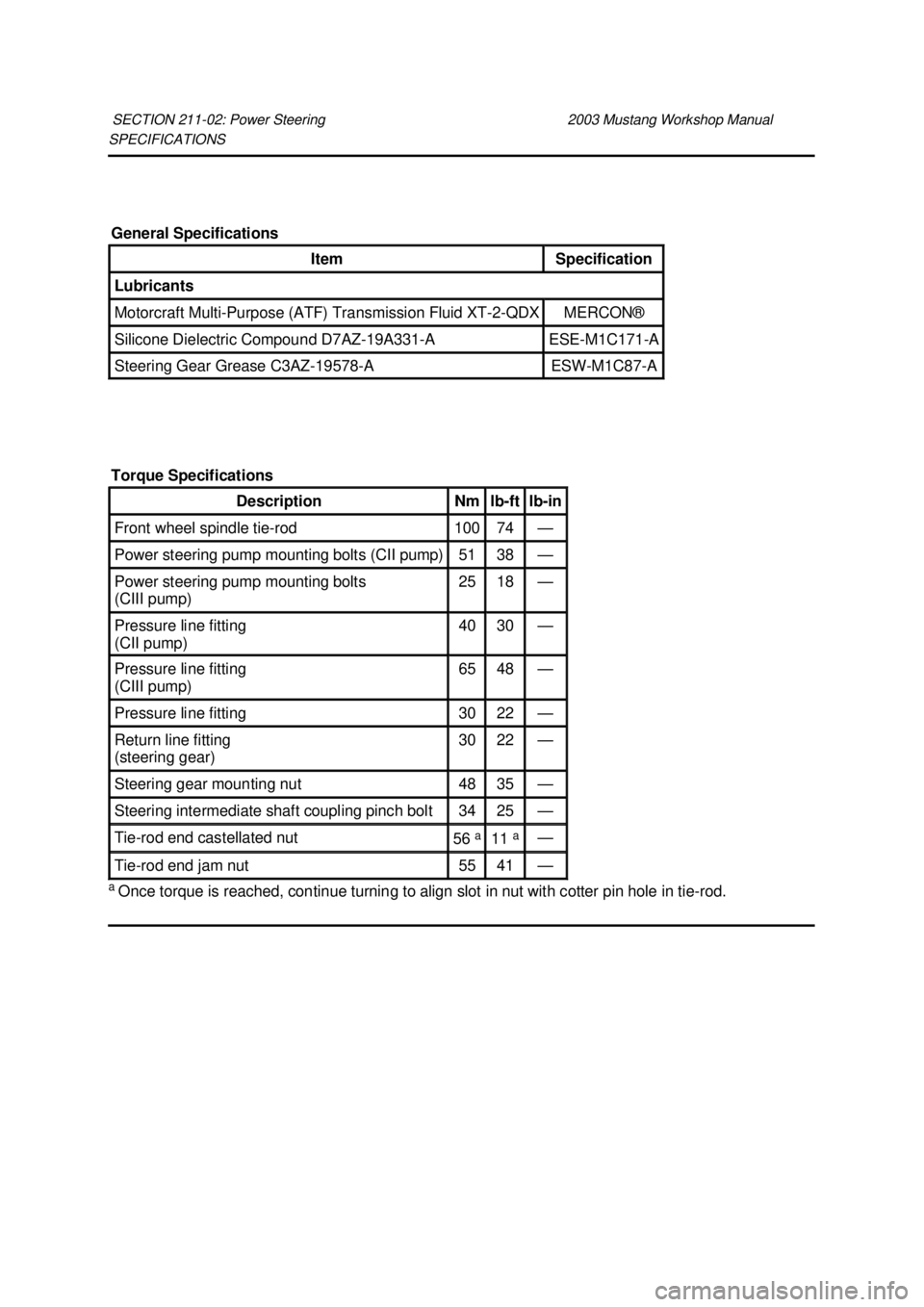 FORD MUSTANG 2003 Manual Online SPECIFICATIONS 
a 
Once torque is reached, continue turning to align slot in nut with cotter pin hole in tie- rod. 
SECTION 211-
02: Power Steering  2003 Mustang Workshop Manual General Specifications