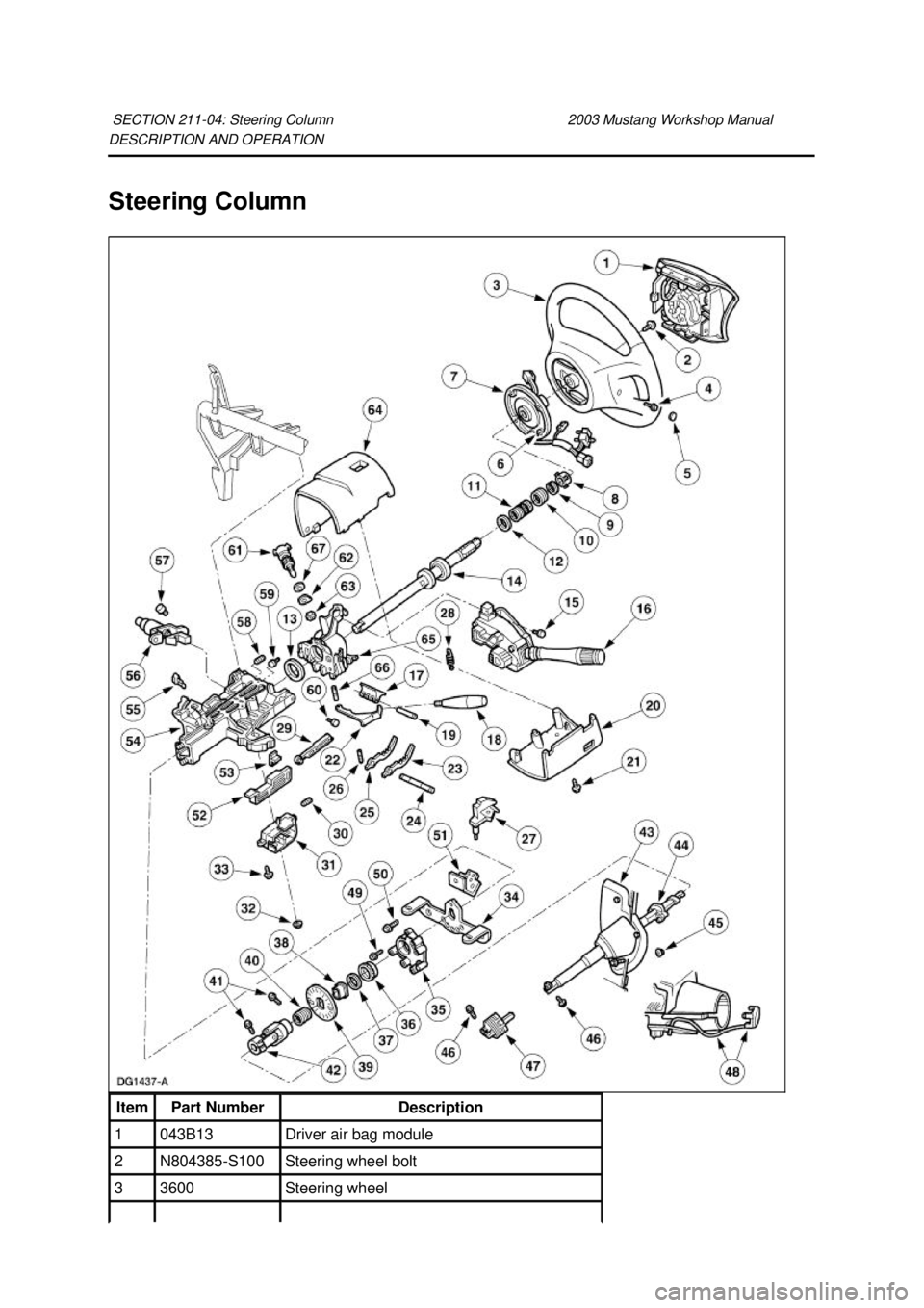 FORD MUSTANG 2003  Workshop Manual DESCRIPTION AND OPERATION 
Steering Column 
SECTION 211-
04: Steering Column  2003 Mustang Workshop Manual Item  Part Number  Description 
1  043B13  Driver air bag module 
2  N804385-
S100  Steering 
