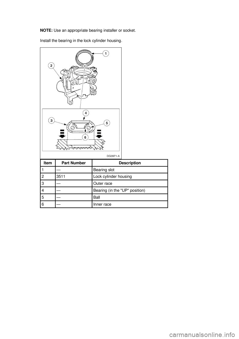 FORD MUSTANG 2003  Workshop Manual NOTE: 
Use an appropriate bearing installer or socket. 
Install the bearing in the lock cylinder housing.  Item  Part Number  Description 
1  — Bearing slot 
2  3511  Lock cylinder housing 
3  — O