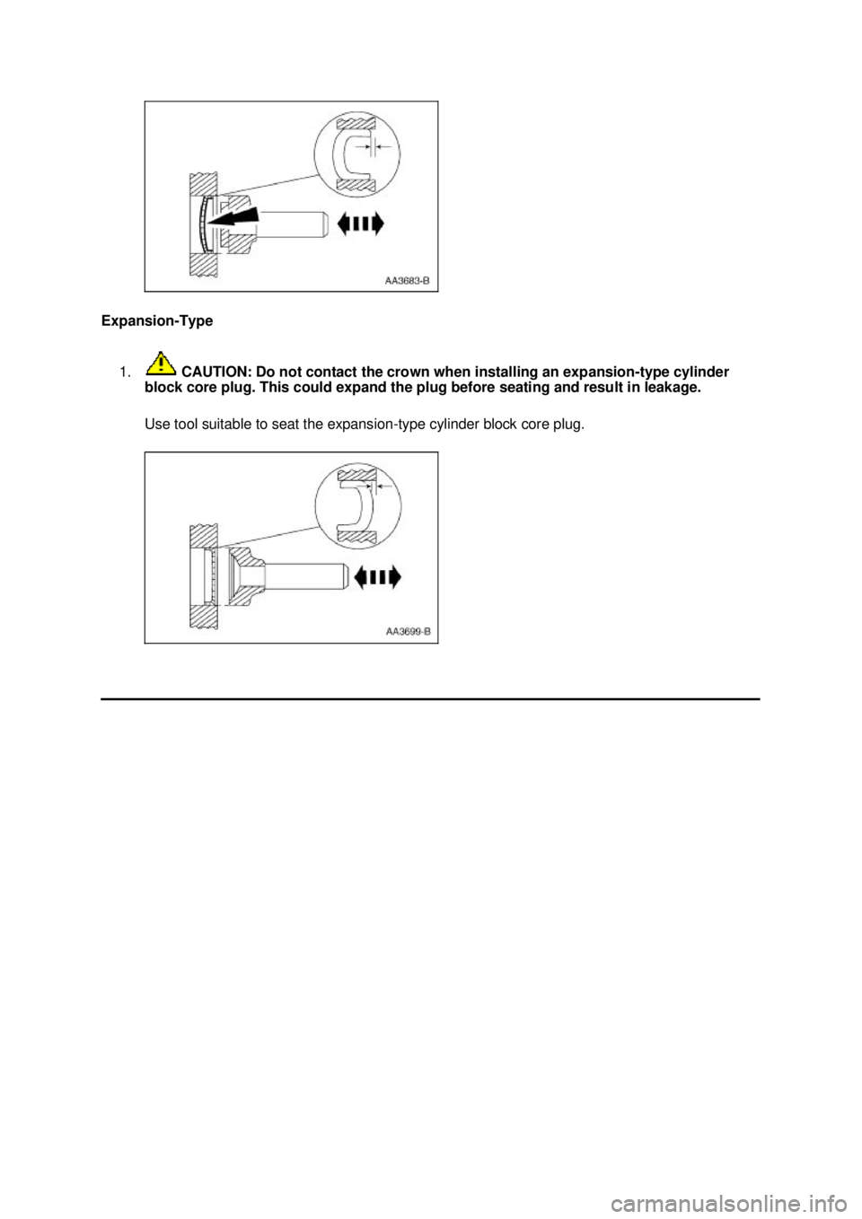 FORD MUSTANG 2003  Workshop Manual Expansion-
Type 
1.  CAUTION: Do not contact the crown when installing an expansion- type cylinder 
block core plug. This could expand the plug before seating and result in leakage. 
Use tool suitable