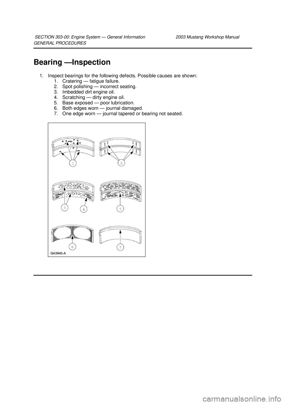 FORD MUSTANG 2003  Workshop Manual GENERAL PROCEDURES 
Bearing —
Inspection 
1. Inspect bearings for the following defects. Possible causes are shown:  1. Cratering — fatigue failure. 
2. Spot polishing — incorrect seating. 
3. I