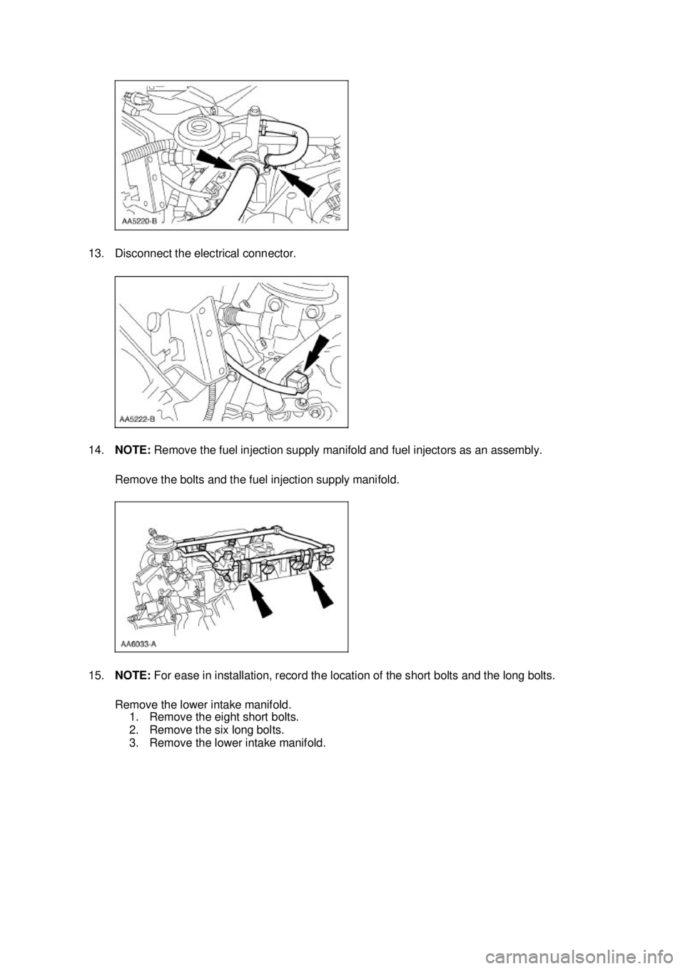 FORD MUSTANG 2003  Workshop Manual 13. Disconnect the electrical connector. 
14.
NOTE:  Remove the fuel injection supply manifold and fuel injectors as an assembly. 
Remove the bolts and the fuel injection supply manifold. 
15. NOTE:  