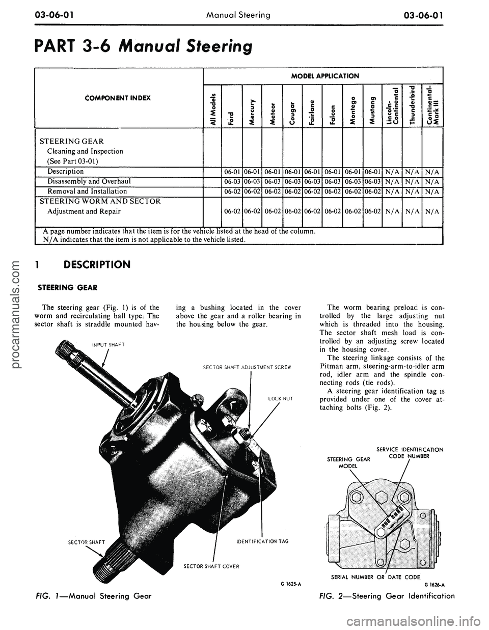 FORD MUSTANG 1969 Volume One Chassis
03-06-01
Manual Steering
03 06-01
PART
3-6
Manual Steering
COMPONENT INDEX
STEERING GEAR
Cleaning
and
Inspection
(See Part 03-01)
Description
Disassembly
and
Overhaul
Removal
and
In FORD MUSTANG 1969 Volume One Chassis
03-06-01
Manual Steering
03 06-01
PART
3-6
Manual Steering
COMPONENT INDEX
STEERING GEAR
Cleaning
and
Inspection
(See Part 03-01)
Description
Disassembly
and
Overhaul
Removal
and
In