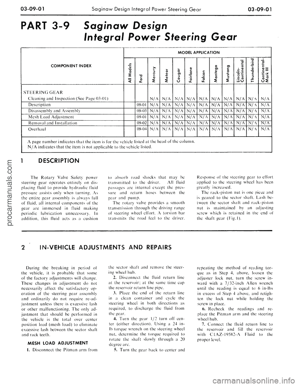 FORD MUSTANG 1969 Volume One Chassis
03-09-01
Saginaw Design Integral Power Steering Gear
03-09-01
PART 3-9 Saginaw Design
Integral Power Steering Gear
COMPONENT INDEX
STEERING GEAR
Cleaning and Inspection (See Page 03-01)
Descr FORD MUSTANG 1969 Volume One Chassis
03-09-01
Saginaw Design Integral Power Steering Gear
03-09-01
PART 3-9 Saginaw Design
Integral Power Steering Gear
COMPONENT INDEX
STEERING GEAR
Cleaning and Inspection (See Page 03-01)
Descr