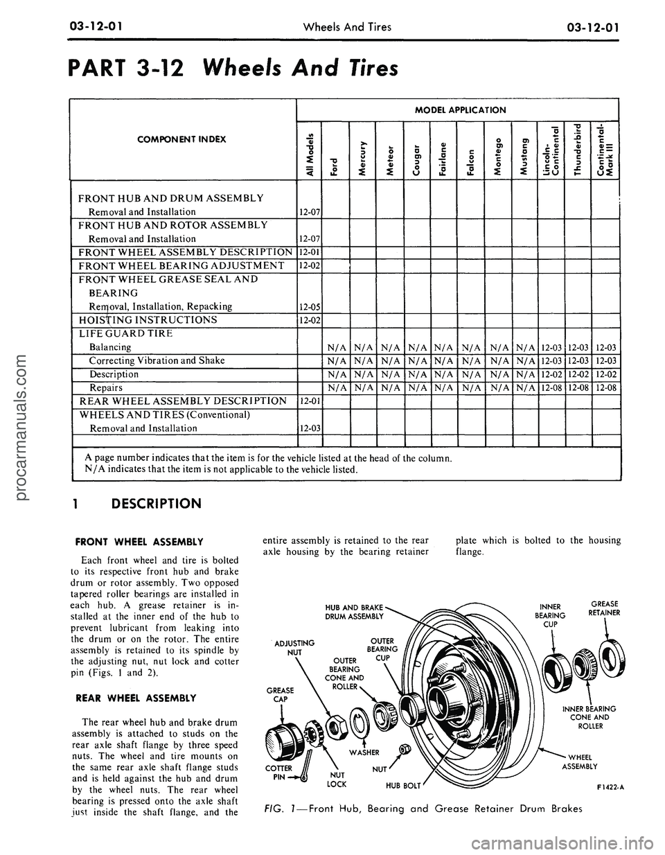 FORD MUSTANG 1969 Volume One Chassis
03-12-01
Wheels
And
Tires
03-12-01
PART
3-12
Wheels
And
Tires
COMPONENT INDEX
FRONT
HUB AND
DRUM ASSEMBLY
Removal
and
Installation
FRONT
HUB AND
ROTOR ASSEMBLY
Removal
and
Insta FORD MUSTANG 1969 Volume One Chassis
03-12-01
Wheels
And
Tires
03-12-01
PART
3-12
Wheels
And
Tires
COMPONENT INDEX
FRONT
HUB AND
DRUM ASSEMBLY
Removal
and
Installation
FRONT
HUB AND
ROTOR ASSEMBLY
Removal
and
Insta
