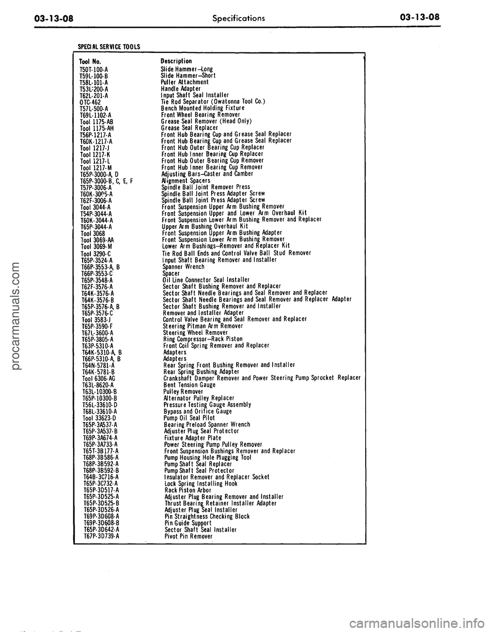 FORD MUSTANG 1969  Volume One Chassis 
03-13-08 
Specifications 
03-13-08

SPECIAL SERVICE TOOLS

Tool No.

T50T-100-A

T59L-100-B

T58L-101-A

T53L-200-A

T62L-201-A

OTC-462

T57L-500-A

T69L-1102-A

Tool 1175-AB

Tool 1175-AH

T56P-121