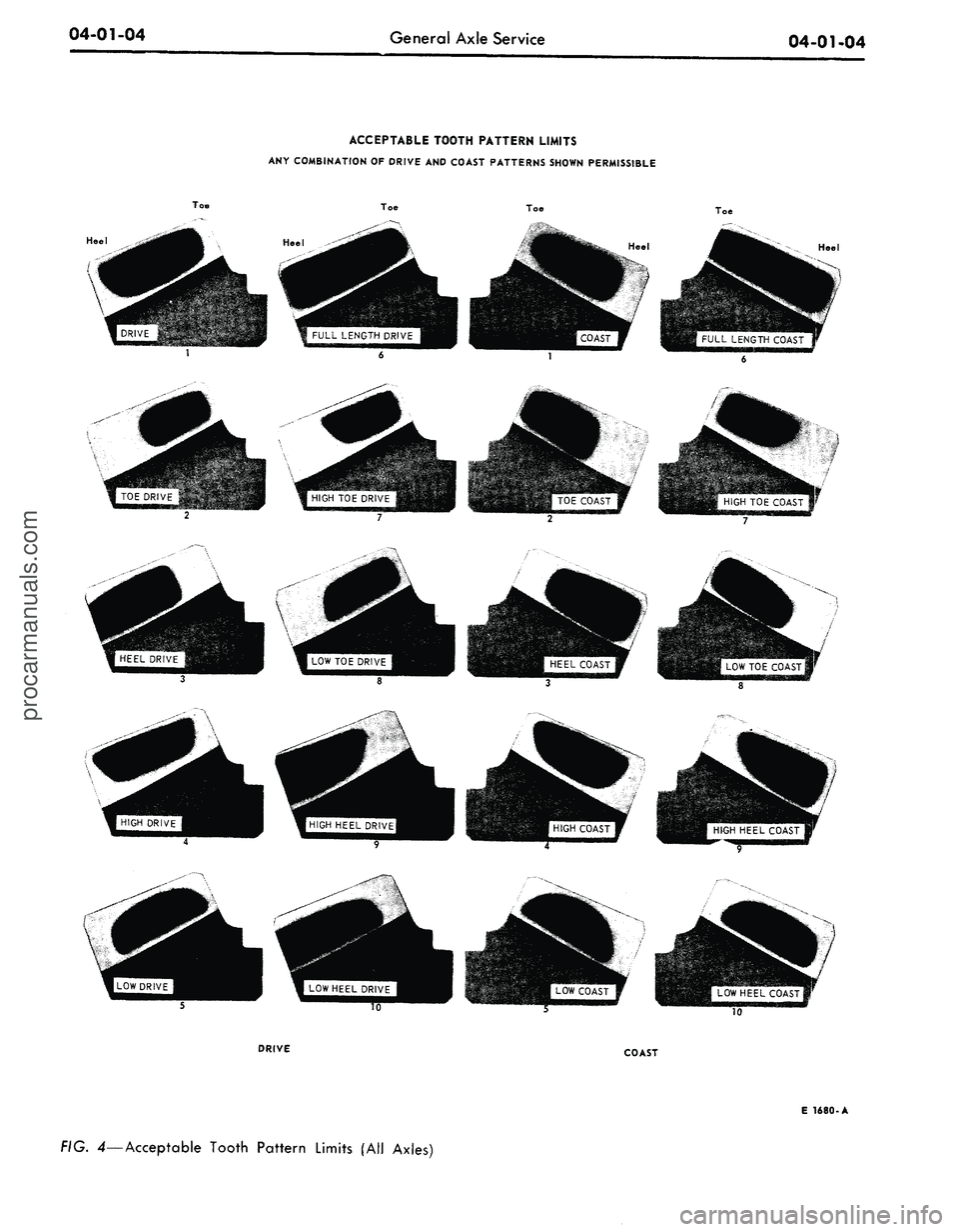FORD MUSTANG 1969 Volume One Chassis
04-01-04
General Axle Service
04-01-04
ACCEPTABLE TOOTH PATTERN LIMITS
ANY COMBINATION
OF
DRIVE AND COAST PATTERNS SHOWN PERMISSIBLE
Toe
Toe
Toe
Toe
Heel
Heel
LOW HEEL COAST
MM
DRIVE
FORD MUSTANG 1969 Volume One Chassis
04-01-04
General Axle Service
04-01-04
ACCEPTABLE TOOTH PATTERN LIMITS
ANY COMBINATION
OF
DRIVE AND COAST PATTERNS SHOWN PERMISSIBLE
Toe
Toe
Toe
Toe
Heel
Heel
LOW HEEL COAST
MM
DRIVE