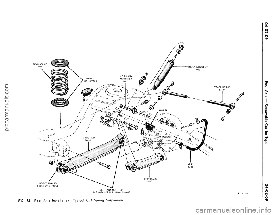 FORD MUSTANG 1969 Volume One Chassis
REAR SPRING
5560
VENT
TUBE
INDENT TOWARD
FRONT OF VEHICLE
UPPER ARM
5500
LEFT ARM INDENTED
BY 2 NOTCHES IN BUSHING FLANGE
F 1353-A
f/Q.
J3—Rear Axle Installation—Typical Coil Spring S FORD MUSTANG 1969 Volume One Chassis
REAR SPRING
5560
VENT
TUBE
INDENT TOWARD
FRONT OF VEHICLE
UPPER ARM
5500
LEFT ARM INDENTED
BY 2 NOTCHES IN BUSHING FLANGE
F 1353-A
f/Q.
J3—Rear Axle Installation—Typical Coil Spring S