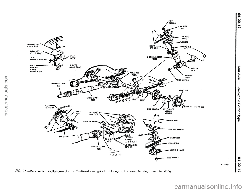 FORD MUSTANG 1969 Volume One Chassis
WASHER
18041
EXISTING
HOLE
IN
SIDE RAIL
#1
NUT 372188-
S32
4137-WEDGES
SPRING-5556
INSULATOR-5732
SHACKLE
5A630
NUT34448-S8
E
1510-B
FIG. 16—Rear Axle Installation—Lincoln Contin FORD MUSTANG 1969 Volume One Chassis
WASHER
18041
EXISTING
HOLE
IN
SIDE RAIL
#1
NUT 372188-
S32
4137-WEDGES
SPRING-5556
INSULATOR-5732
SHACKLE
5A630
NUT34448-S8
E
1510-B
FIG. 16—Rear Axle Installation—Lincoln Contin