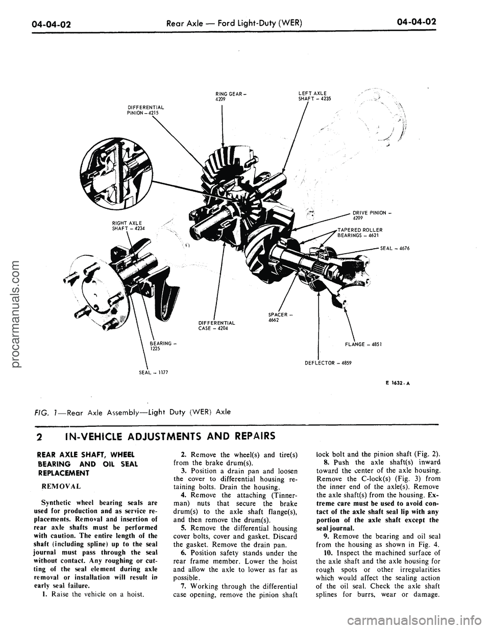 FORD MUSTANG 1969 Volume One Chassis
04-04-02
Rear Axle
—
Ford Light-Duty (WER)
04-04-02
DIFFERENTIAL
PINION-4215
RING GEAR
-
4209
LEFT AXLE
SHAFT
-
4235
1
DRIVE PINION
-
4209
SEAL
-
4676
FLANGE-4851
DEFLECTOR -4 FORD MUSTANG 1969 Volume One Chassis
04-04-02
Rear Axle
—
Ford Light-Duty (WER)
04-04-02
DIFFERENTIAL
PINION-4215
RING GEAR
-
4209
LEFT AXLE
SHAFT
-
4235
1
DRIVE PINION
-
4209
SEAL
-
4676
FLANGE-4851
DEFLECTOR -4