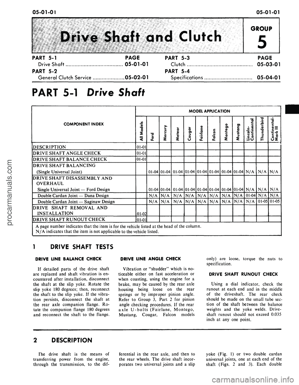 FORD MUSTANG 1969 Volume One Chassis
05-01-01
05-01-01
Clutch
GROUP
5
PART
5-1
PAGE
Drive Shaft 05-01-01
PART
5-2
General Clutch Service 05-02-01
PART
5-3
Clutch
PART
5-4
Specifications
PAGE
05-03-01
05-04-01
PART
FORD MUSTANG 1969 Volume One Chassis
05-01-01
05-01-01
Clutch
GROUP
5
PART
5-1
PAGE
Drive Shaft 05-01-01
PART
5-2
General Clutch Service 05-02-01
PART
5-3
Clutch
PART
5-4
Specifications
PAGE
05-03-01
05-04-01
PART