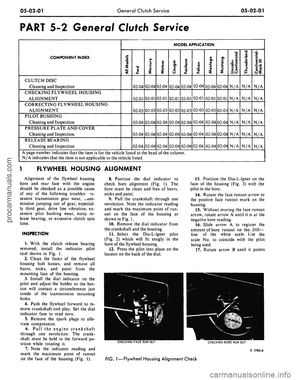 FORD MUSTANG 1969 Volume One Chassis
05-02-01
General Clutch Service
05-02-01
PART
5-2
General Clutch Service
COMPONENT INDEX
MODEL APPLICATION
3
a>
1
o>
il
•U
i
!-
II
CLUTCH DISC
Cleaning and Inspection
02-04
02-0 FORD MUSTANG 1969 Volume One Chassis
05-02-01
General Clutch Service
05-02-01
PART
5-2
General Clutch Service
COMPONENT INDEX
MODEL APPLICATION
3
a>
1
o>
il
•U
i
!-
II
CLUTCH DISC
Cleaning and Inspection
02-04
02-0