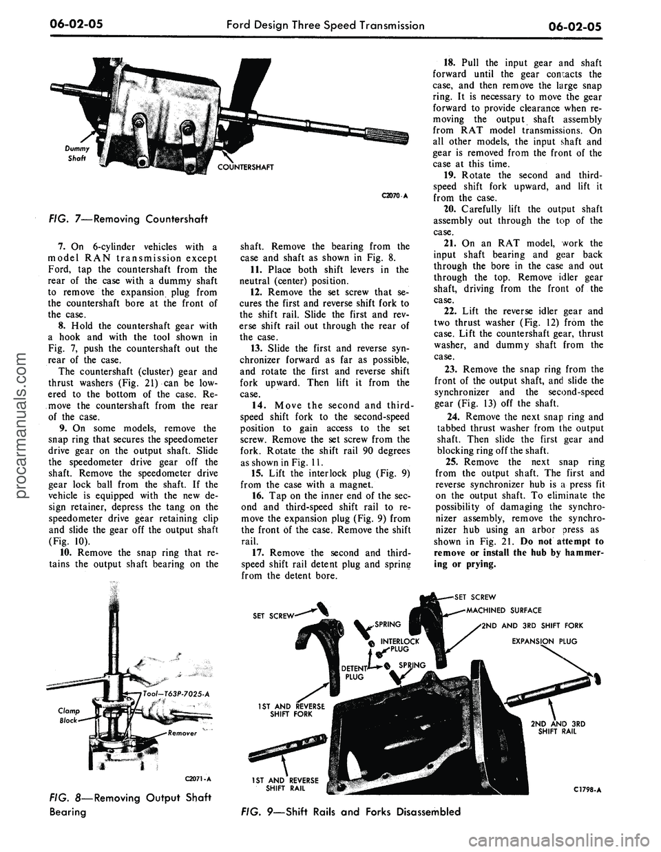 FORD MUSTANG 1969 Volume One Chassis
06-02-05
Ford Design Three Speed Transmission
06-02-05
Dummy
Shaft
FIG. 7—Removing Countershaft
7.
On 6-cylinder vehicles with a
model RAN transmission except
Ford, tap the countershaft fr FORD MUSTANG 1969 Volume One Chassis
06-02-05
Ford Design Three Speed Transmission
06-02-05
Dummy
Shaft
FIG. 7—Removing Countershaft
7.
On 6-cylinder vehicles with a
model RAN transmission except
Ford, tap the countershaft fr
