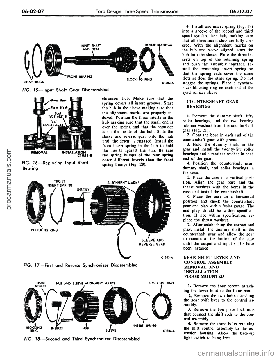 FORD MUSTANG 1969 Volume One Chassis
06-02-07
Ford Design Three Speed Transmission
06-02-07
SNAP RINGS
FIG. 15—Input Shaft Gear Disassembled
C1802-
A
REMOVAL
INSTALLATION
C1O25-B
FIG. 76—Replacing Input Shaft
Bearing
chr FORD MUSTANG 1969 Volume One Chassis
06-02-07
Ford Design Three Speed Transmission
06-02-07
SNAP RINGS
FIG. 15—Input Shaft Gear Disassembled
C1802-
A
REMOVAL
INSTALLATION
C1O25-B
FIG. 76—Replacing Input Shaft
Bearing
chr