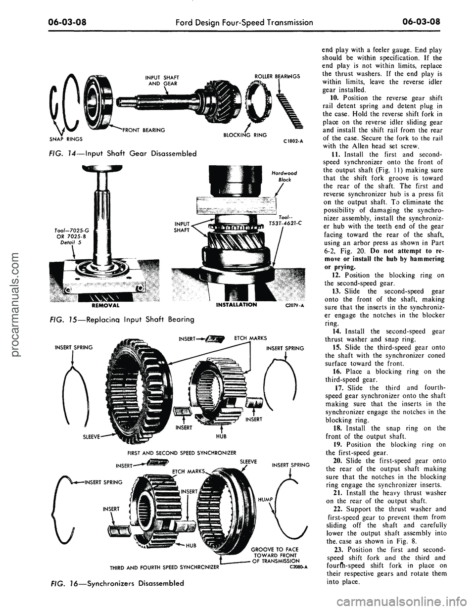 FORD MUSTANG 1969  Volume One Chassis 
06-03-08 
Ford Design Four-Speed Transmission 
06-03-08

ROLLER BEARINGS

SNAP RINGS

FIG. 14—Input Shaft Gear Disassembled 
C1802-
 A

Hardwood

Block

Tool-7025-G

OR
 7025-B

Detail
 5

REMOVAL
