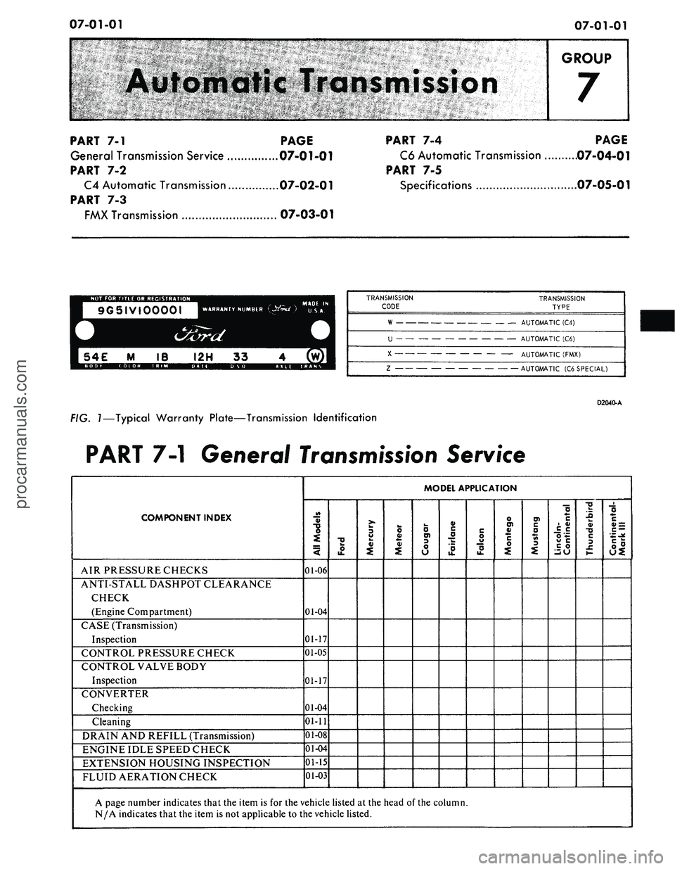 FORD MUSTANG 1969 Volume One Chassis
07-01-01
07-01-01
*.v:;V*>
-"^g&ly-
y.y... -4^*:
GROUP
7
PART
7-1
PAGE
General Transmission Service
07-01-01
PART
7-2
C4 Automatic Transmission
07-02-01
PART
7-3
FMX Transmission
FORD MUSTANG 1969 Volume One Chassis
07-01-01
07-01-01
*.v:;V*>
-"^g&ly-
y.y... -4^*:
GROUP
7
PART
7-1
PAGE
General Transmission Service
07-01-01
PART
7-2
C4 Automatic Transmission
07-02-01
PART
7-3
FMX Transmission