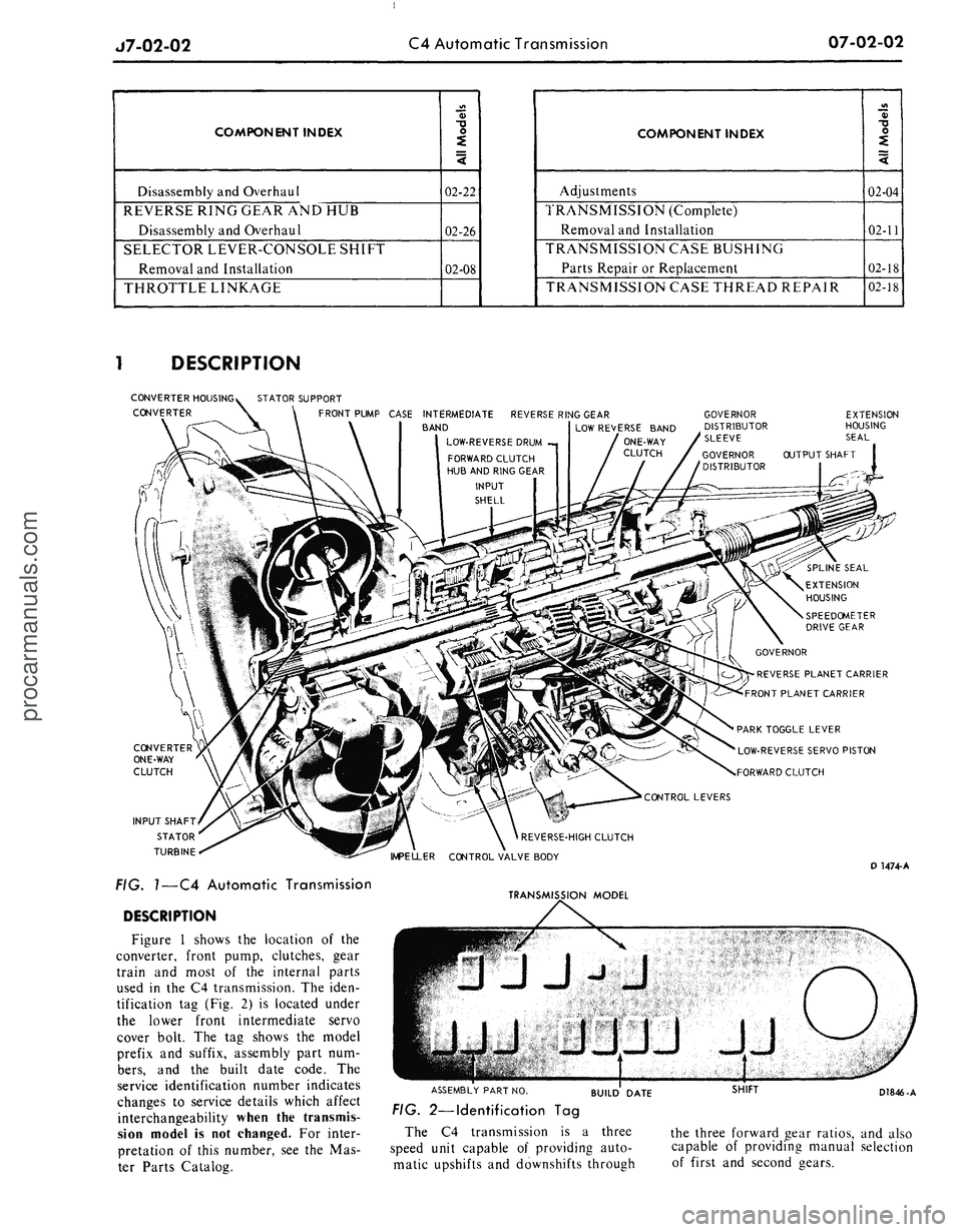 FORD MUSTANG 1969 Volume One Chassis
J7-02-02
C4 Automatic Transmission
07-02-02
COMPONENT INDEX
Disassembly and Overhaul
REVERSE RING GEAR AND HUB
Disassembly and Overhaul
SELECTOR LEVER-CONSOLE SHIFT
Removal and Installation
FORD MUSTANG 1969 Volume One Chassis
J7-02-02
C4 Automatic Transmission
07-02-02
COMPONENT INDEX
Disassembly and Overhaul
REVERSE RING GEAR AND HUB
Disassembly and Overhaul
SELECTOR LEVER-CONSOLE SHIFT
Removal and Installation