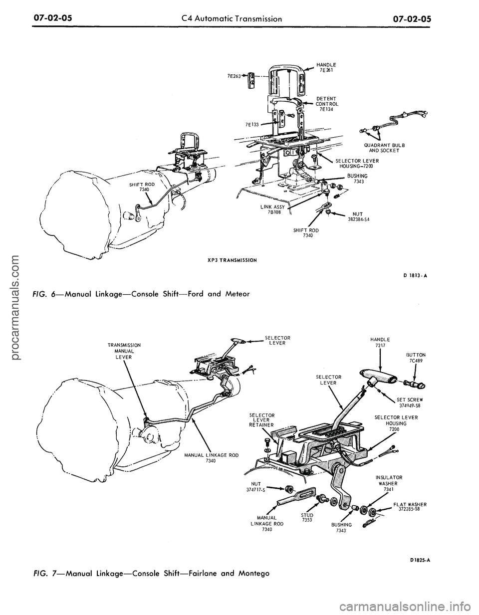 FORD MUSTANG 1969 Volume One Chassis
07-02-05
C4 Automatic Transmission
07 02-05
7E263
NUT
382384-S4
XP3 TRANSMISSION
D 1813-A
FIG.
6—Manual
Linkage—Console Shift—Ford and Meteor
TRANSMISSION
MANUAL
LEVER
MANUAL S™ FORD MUSTANG 1969 Volume One Chassis
07-02-05
C4 Automatic Transmission
07 02-05
7E263
NUT
382384-S4
XP3 TRANSMISSION
D 1813-A
FIG.
6—Manual
Linkage—Console Shift—Ford and Meteor
TRANSMISSION
MANUAL
LEVER
MANUAL S™