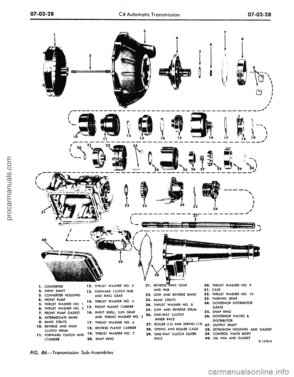 FORD MUSTANG 1969 Volume One Chassis
07-02-28
C4
Automatic Transmission
07-02-28
y
Q
!
17
3*1
-
"
-N
1.
2.
3.
4.
5.
6.
7.
8.
9.
10.
11.
CONVERTER
INPUT SHAFT
CONVERTER HOUSING
FRONT PUMP
THRUST WASHER
NO. 1
FORD MUSTANG 1969 Volume One Chassis
07-02-28
C4
Automatic Transmission
07-02-28
y
Q
!
17
3*1
-
"
-N
1.
2.
3.
4.
5.
6.
7.
8.
9.
10.
11.
CONVERTER
INPUT SHAFT
CONVERTER HOUSING
FRONT PUMP
THRUST WASHER
NO. 1