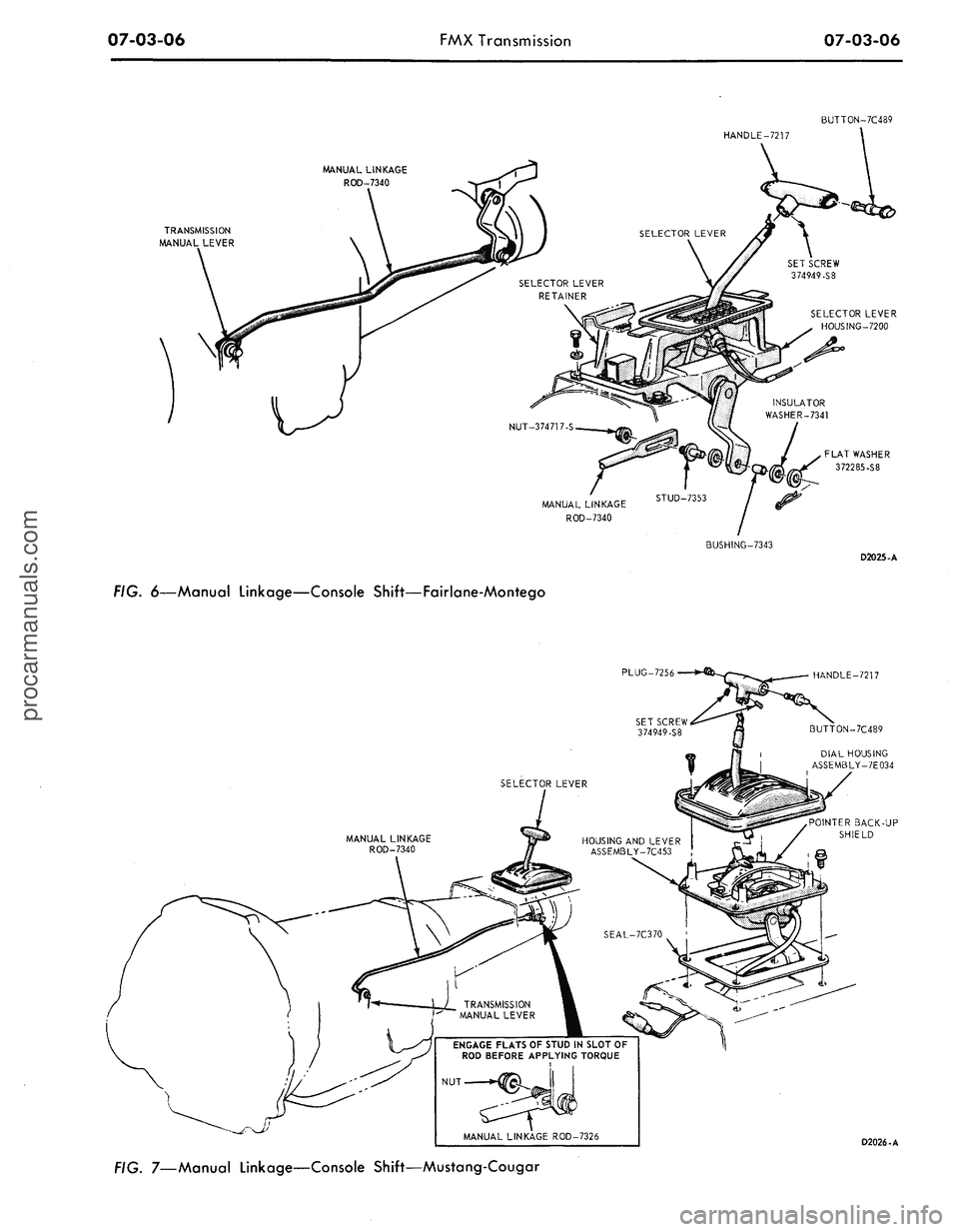 FORD MUSTANG 1969 Volume One Chassis
07-03-06
FMX Transmission
07-03-06
BUTTON-7C489
TRANSMISSION
MANUAL LEVER
MANUAL LINKAGE
ROD-7340
HANDLE-7217
MANUAL LINKAGE
ROD-7340
BUSHING-7343
FIG.
6—Manual
Linkage—Console Shif FORD MUSTANG 1969 Volume One Chassis
07-03-06
FMX Transmission
07-03-06
BUTTON-7C489
TRANSMISSION
MANUAL LEVER
MANUAL LINKAGE
ROD-7340
HANDLE-7217
MANUAL LINKAGE
ROD-7340
BUSHING-7343
FIG.
6—Manual
Linkage—Console Shif