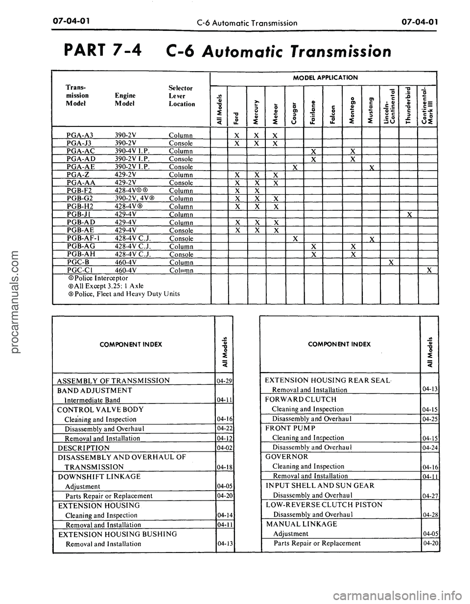 FORD MUSTANG 1969 Volume One Chassis
07-04-01
C-6 Automatic Transmission
07-04-01
PART 7-4 C-6 Automatic Transmission
Trans-
Selector
mission Engine Lever
Model Model Location
PGA-A3 390-2V Column
PGA-J3 390-2V Console
PGA-AC FORD MUSTANG 1969 Volume One Chassis
07-04-01
C-6 Automatic Transmission
07-04-01
PART 7-4 C-6 Automatic Transmission
Trans-
Selector
mission Engine Lever
Model Model Location
PGA-A3 390-2V Column
PGA-J3 390-2V Console
PGA-AC