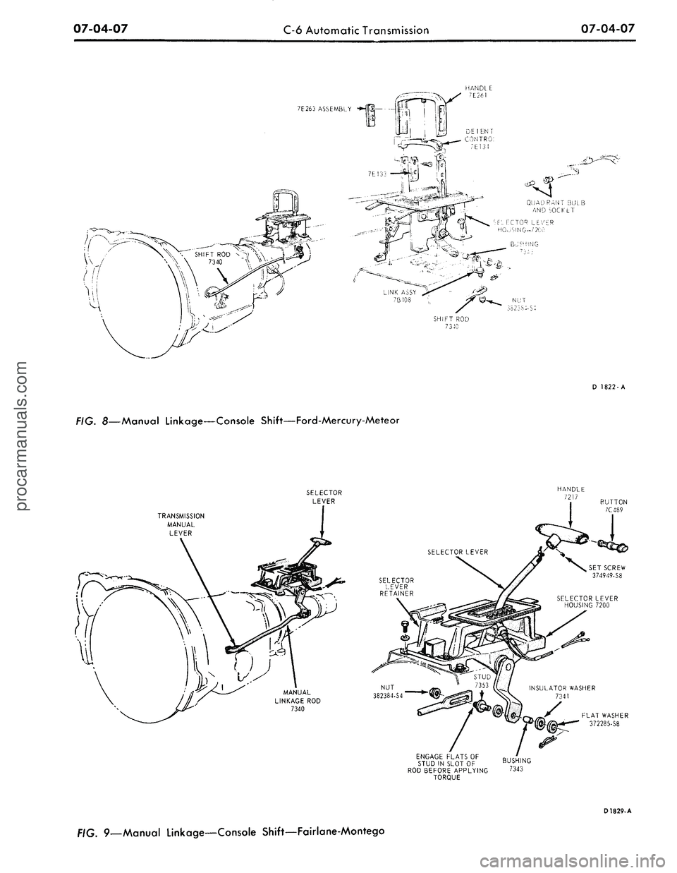 FORD MUSTANG 1969  Volume One Chassis 
07-04-07 
C-6 Automatic Transmission

07-04-07

7E263 ASSEMBLY
 ••-{pi—

NUT

332334-S-l

FIG.
 8—Manual
 Linkage—Console Shift—Ford-Mercury-Meteor 
D 1822-A

TRANSMISSION

MANUAL

LEVER
