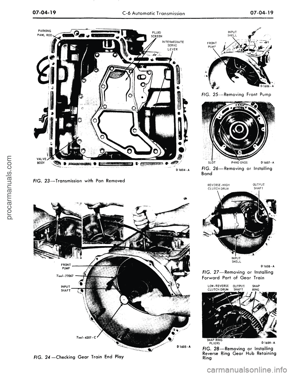 FORD MUSTANG 1969  Volume One Chassis 
07-04-19

C-6 Automatic Transmission 
07-04-19

PARKING

PAWL
 ROD 
FLUID

SCREEN

INTERMEDIATE

SERVO

LEVER

FIG. 23—Transmission with Pan Removed

Tool-4201-C

D1605-A 
D 1606-A

FIG. 25—Remov