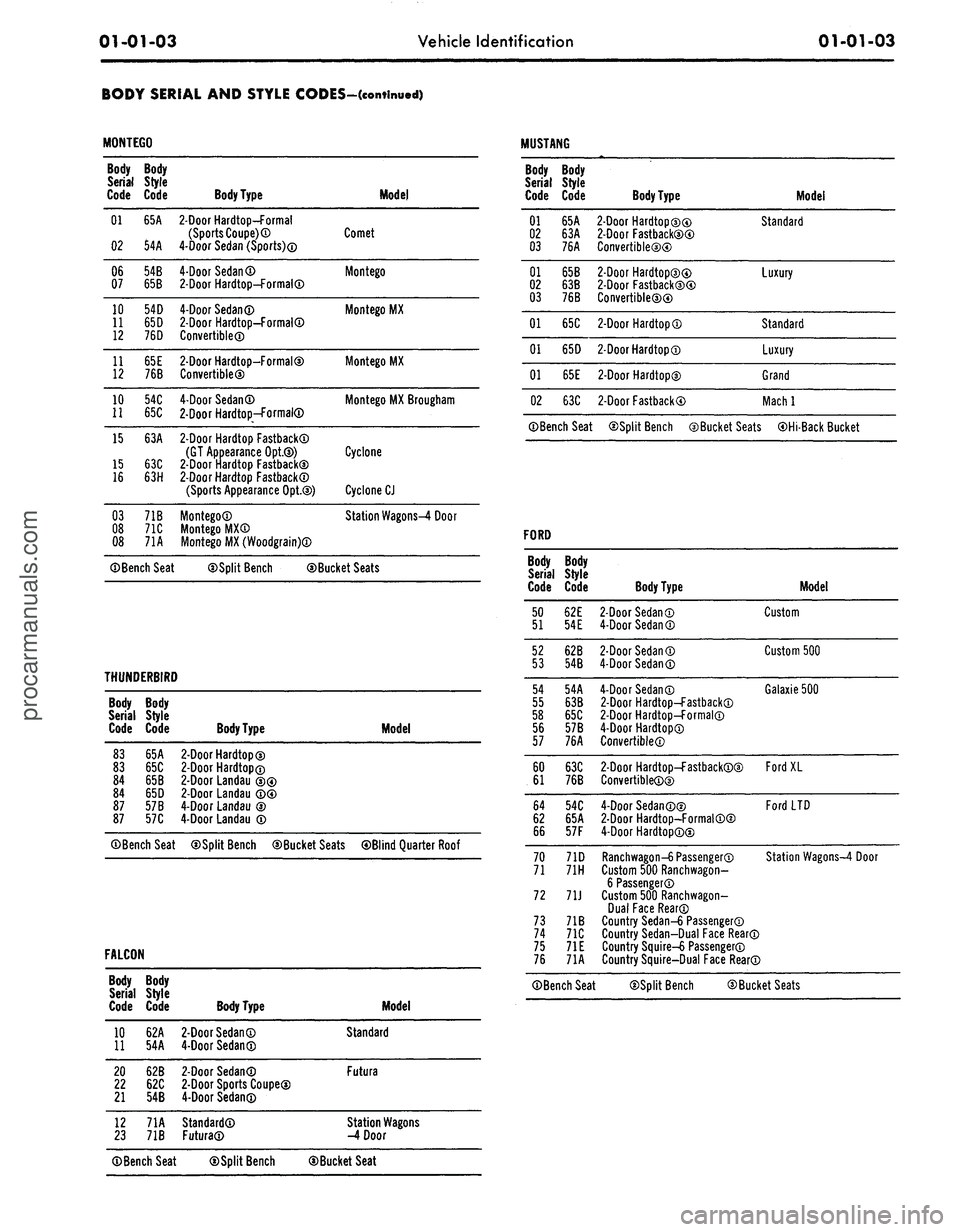 FORD MUSTANG 1969  Volume One Chassis 
01-01-03 
Vehicle Identification 
01-01-03

BODY SERIAL AND STYLE CODES-(continued)

MONTEGO

Body

Serial

Code

01

02

06

07

10

11

12

11

12

10

11 
Body

Style

Code

65A

54A

54B

65B

54