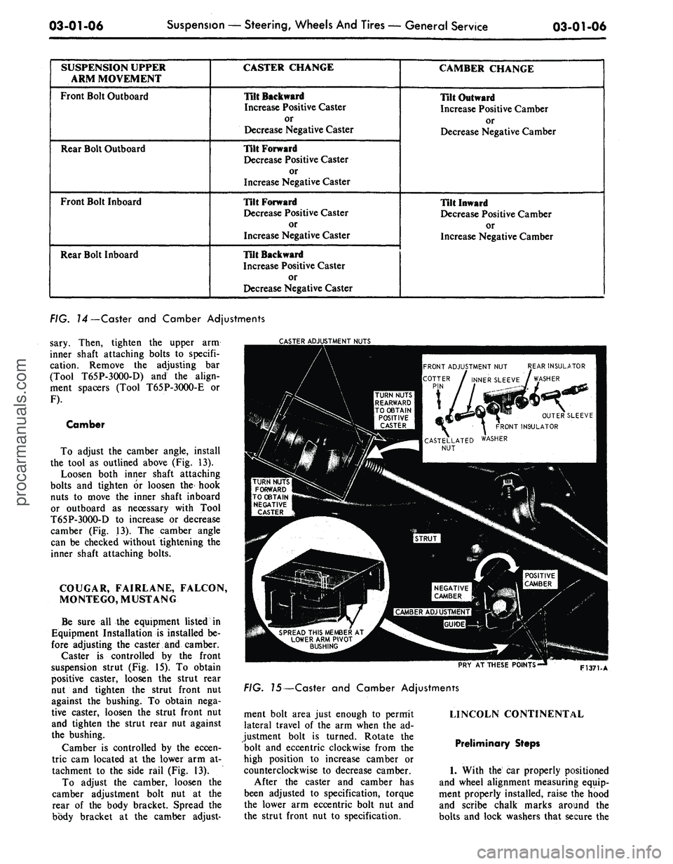 FORD MUSTANG 1969  Volume One Chassis 
03-01-06 
Suspension — Steering, Wheels And Tires — General Service

03-01-06

SUSPENSION UPPER

ARM MOVEMENT

Front Bolt Outboard

Rear Bolt Outboard

Front Bolt Inboard

Rear Bolt Inboard 
CAST