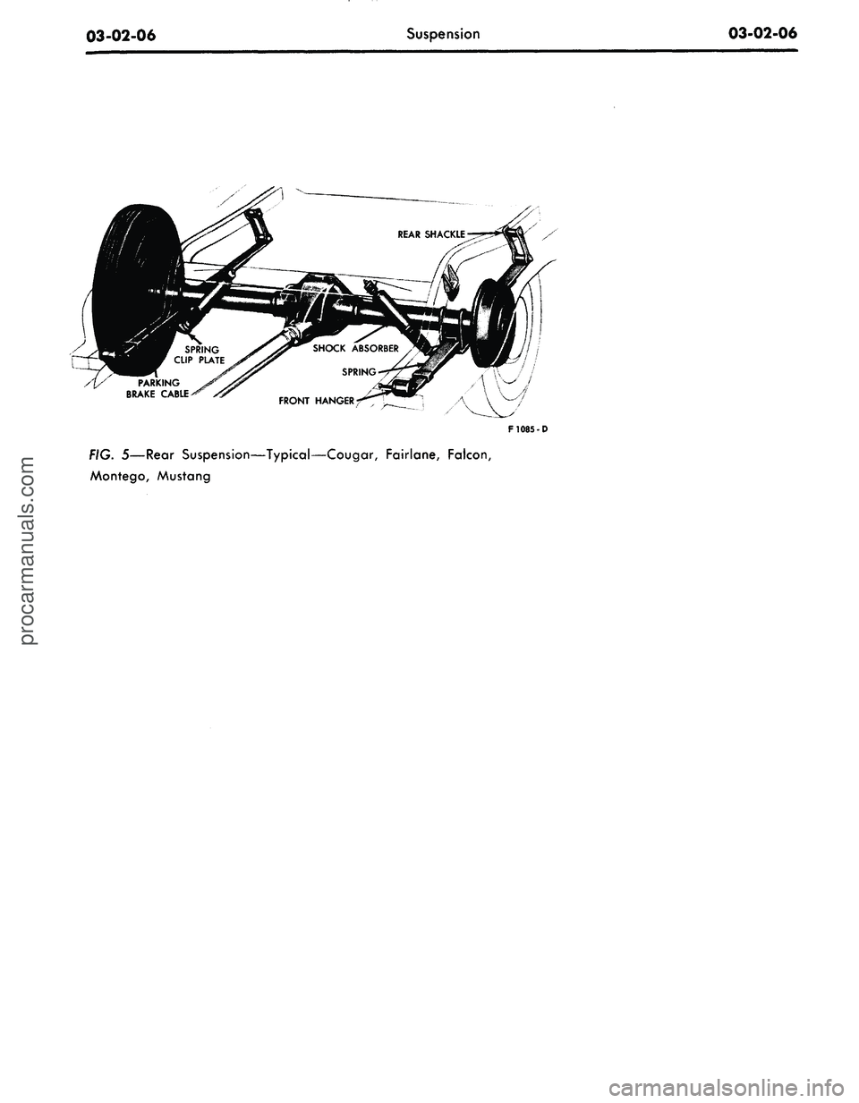 FORD MUSTANG 1969  Volume One Chassis 
03-02-06 
Suspension

03-02-06

F1085-D

FIG.
 5—Rear
 Suspension—Typical—Cougar, Fairlane, Falcon,

Montego, Mustangprocarmanuals.com 