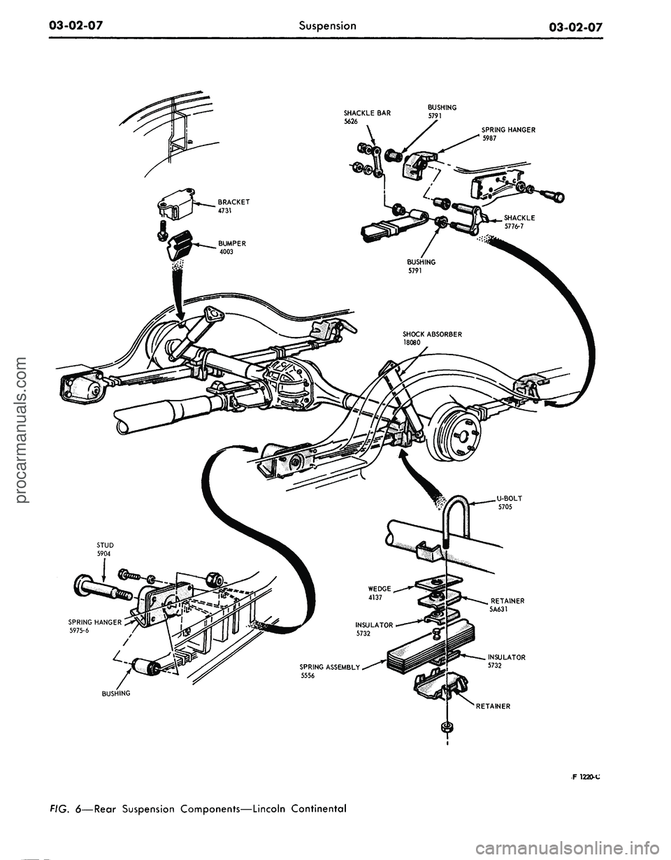FORD MUSTANG 1969  Volume One Chassis 
03-02-07 
Suspension

03-02-07

BUSHING

5791

SPRING HANGER

5987

BUSHING 
RETAINER

5A631

INSULATOR

5732

RETAINER

F 1220-C

FIG.
 6—Rear
 Suspension Components—Lincoln Continentalprocarman