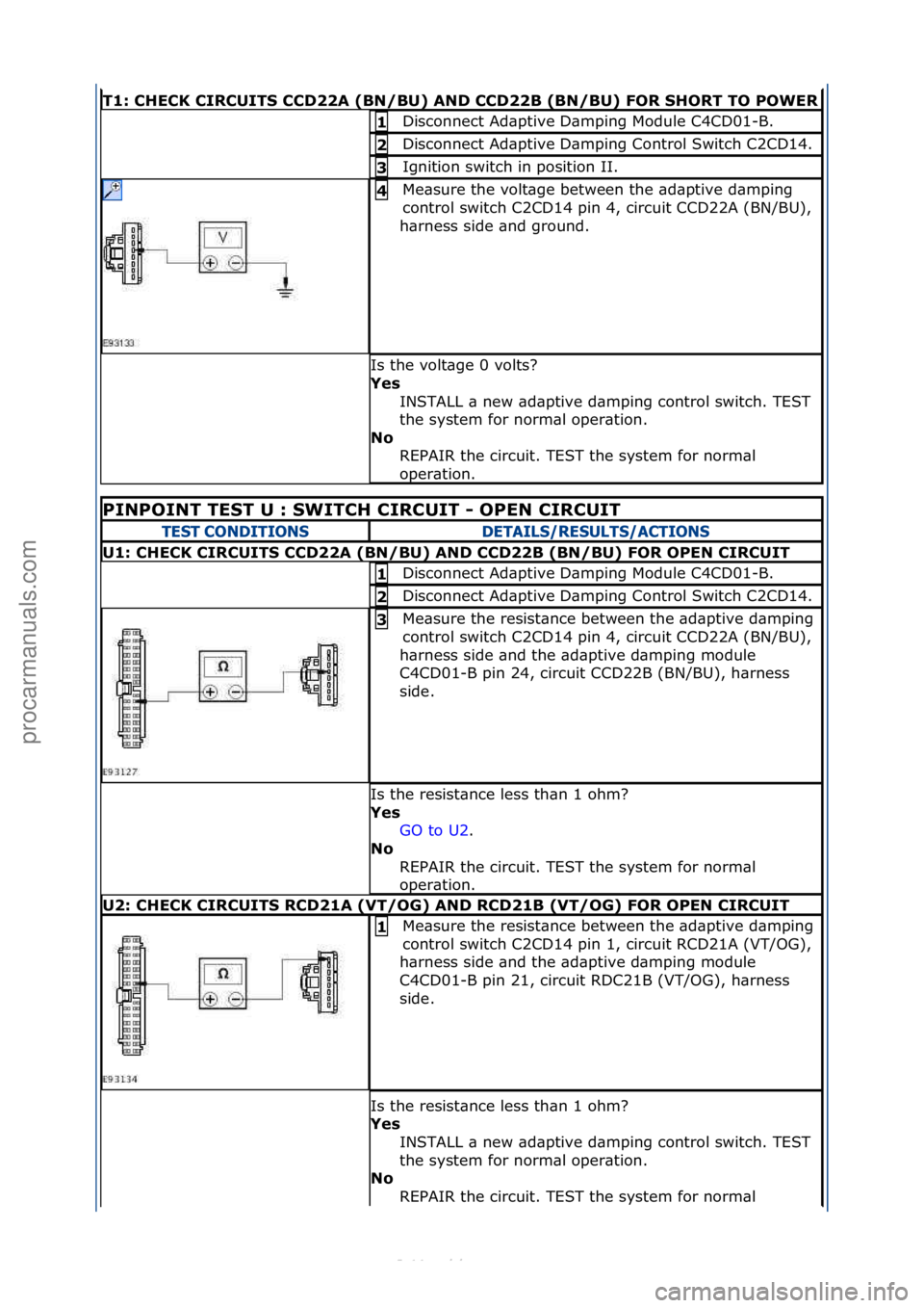 FORD S-MAX 2006  Service Repair Manual T1: CHECK CIRCUITS CCD22A (BN/BU) AND CCD22B (BN/BU) FOR SHORT TO POWER
Disconnect\fAd\bptive\fD\bmping\fModule\fC4CD01-B.\f1 
Disconnect\fAd\bptive\fD\bmping\fControl\fSwitch\fC2CD14.\f2 
Ignition\fs